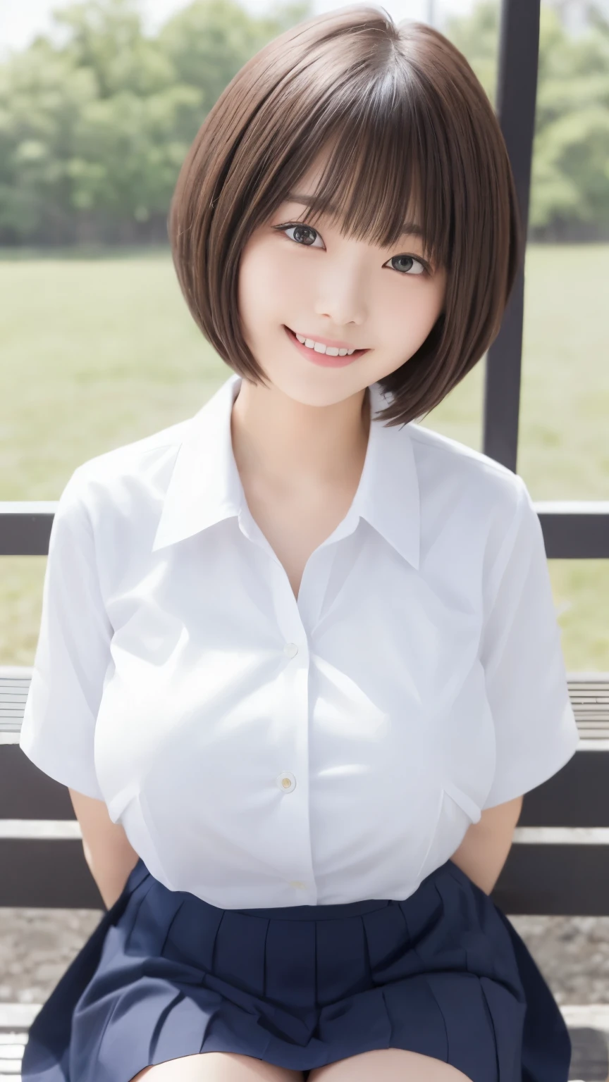 (masterpiece:1.2, highest quality), (Realistic, photoRealistic:1.4), Beautiful illustrations, 
View your viewers, whole body, Front view:0.6, 
1 girl, Japanese, high School girl, (Short Bob Hair:1.5), Hair fluttering, bangs, Hair between the eyes, Ample breasts:0.8, 
Beautiful Hair, Beautiful Face, Beautiful fine details, Beautiful clavicle, Beautiful body, Beautiful breasts, Beautiful thighs, Beautiful feet, 
(Beautiful views), , School,
((Collared shirt, White shirt,Dark blue cardigan, Grey pleated skirt)), White panties, 
(Sitting on a bench,Spread your legs, peace sign), the wind is strong,
smile:1.5, Open your mouth,