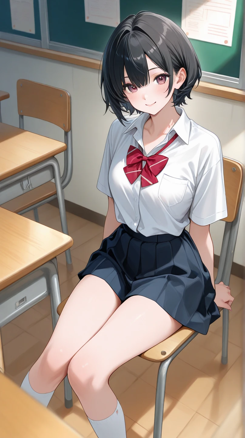 8K, A masterpiece of softcore pornography shot by Kishin Shinoyama, Bast quality,big, RAW Photos, (Ultra-thin contour lines), (1 Girl), Akane Kurokawa, Akane Kurokawa, Dark Blue Eyes, Star-shaped highlight eye, Dark blue-black hair, Middle hair, Professional Lighting, (Shiny skin: 1.2), shiny big, ((Highest quality)), Sharp focus: 1.2, Highly detailed face and skin texture, Fine grain, Perfect Face, Perfect body, Blur Art, CG, background, milk, in front (18-year-old, Cool and beautiful girl face), wear ((School uniform)), thigh), blush, (Porn Cosplayer), (Camel Toe, White panties), Gravure idol style table, She rolled up her skirt to avoid the heat、I sat on the desk with my knees raised.。., My favorite girl, Browsing Caution,