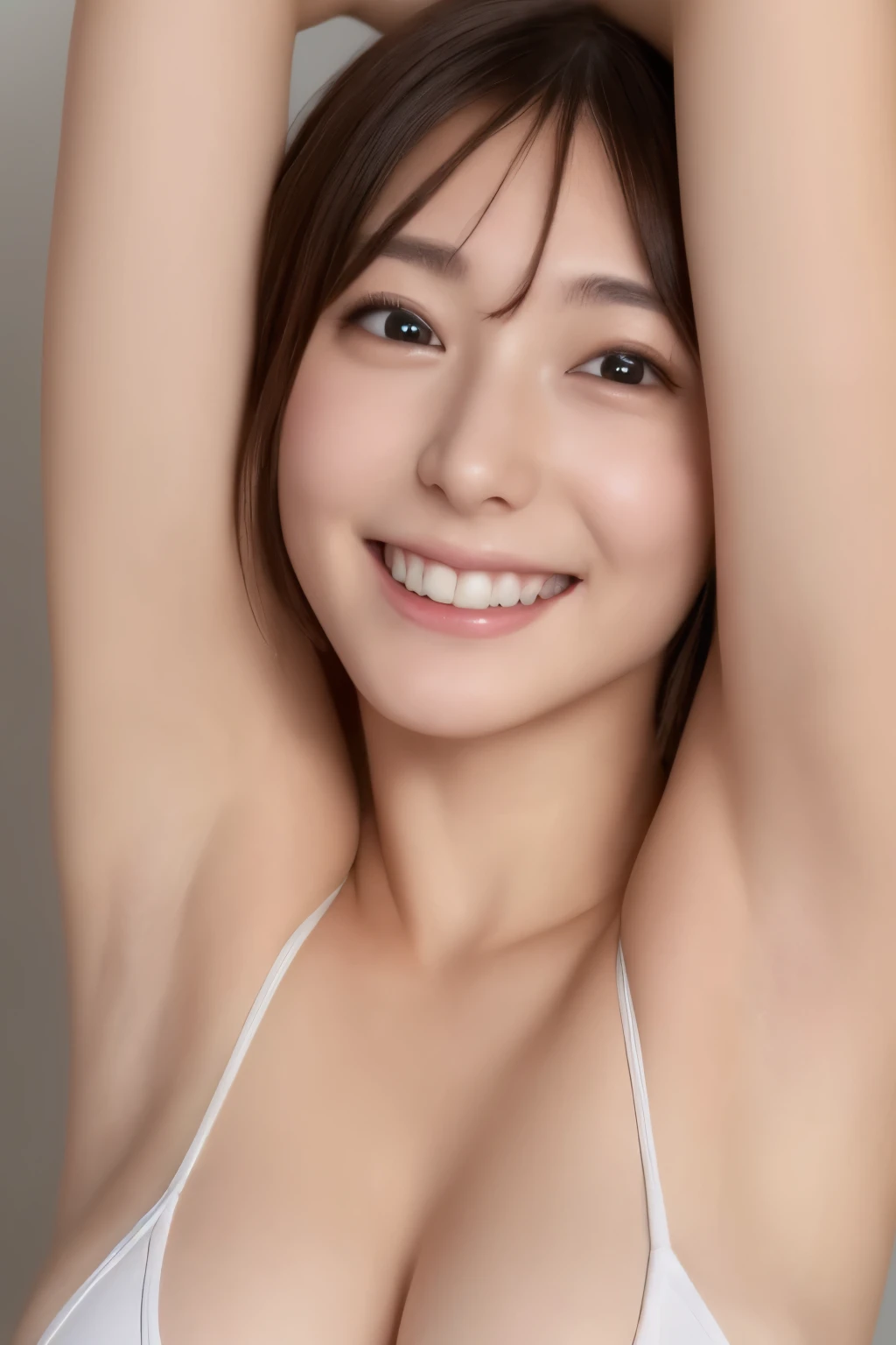 photograph,woman,20th generation,cute,beautiful skin,hair loss,no background,half-naked and smiling kindly,Japanese,front,studio lighting,Please show me your armpits,raised his arms,healthy,beautiful eyes,good style,The sides are beautiful,long hair,idol style