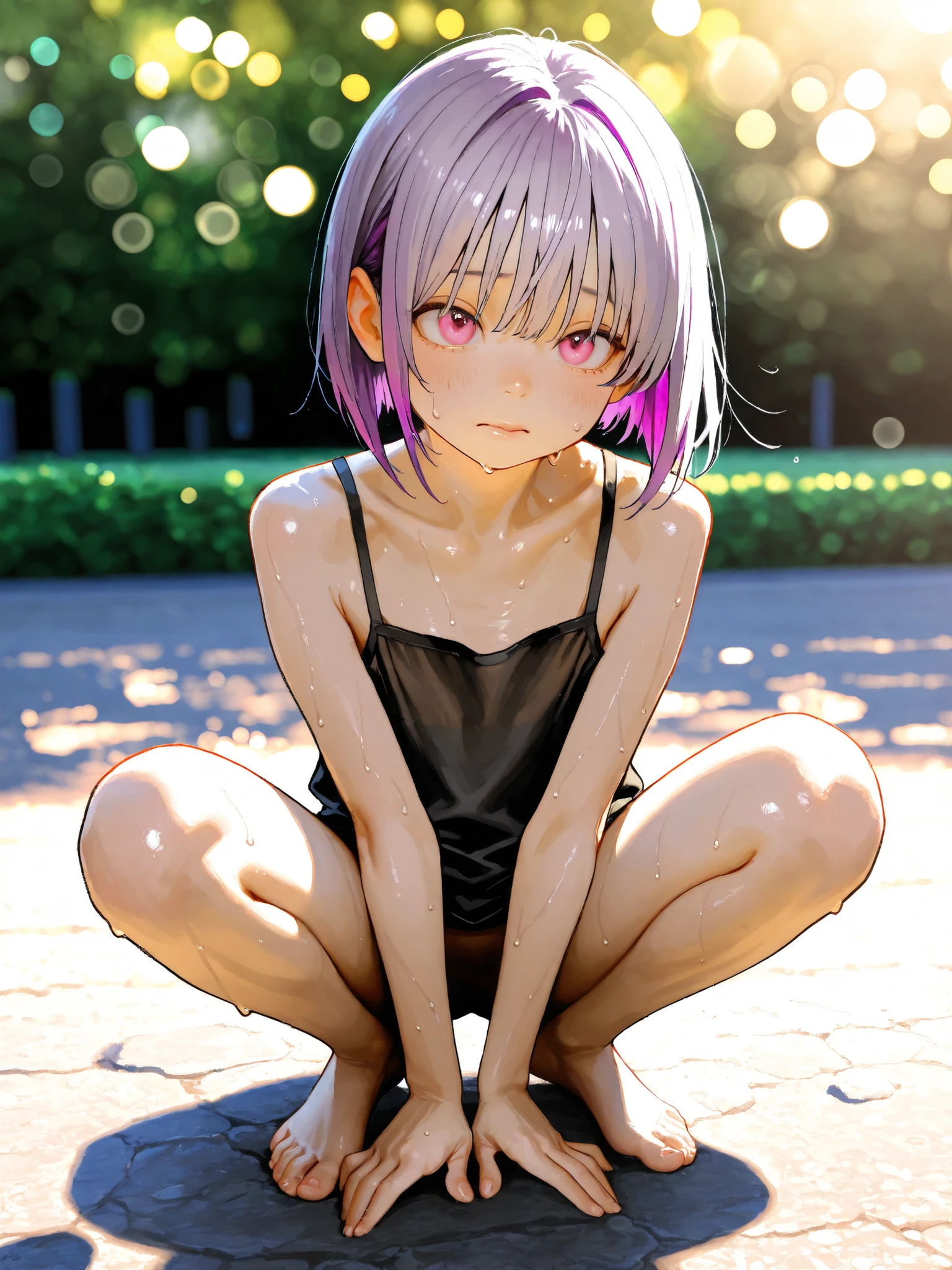 short girl, 1 girl,is young, flat chested,realisticな外観, big pink eyes, short bob、Two-tone purple hair and gray hair、Black Camisole、naked、Outdoors、full body、sweat、climax、細部にこだわったrealisticな影、movie stills, real、Highest Quality, realistic, 4K Rendering, ultra-fine texture, professional , bright color, Bokeh