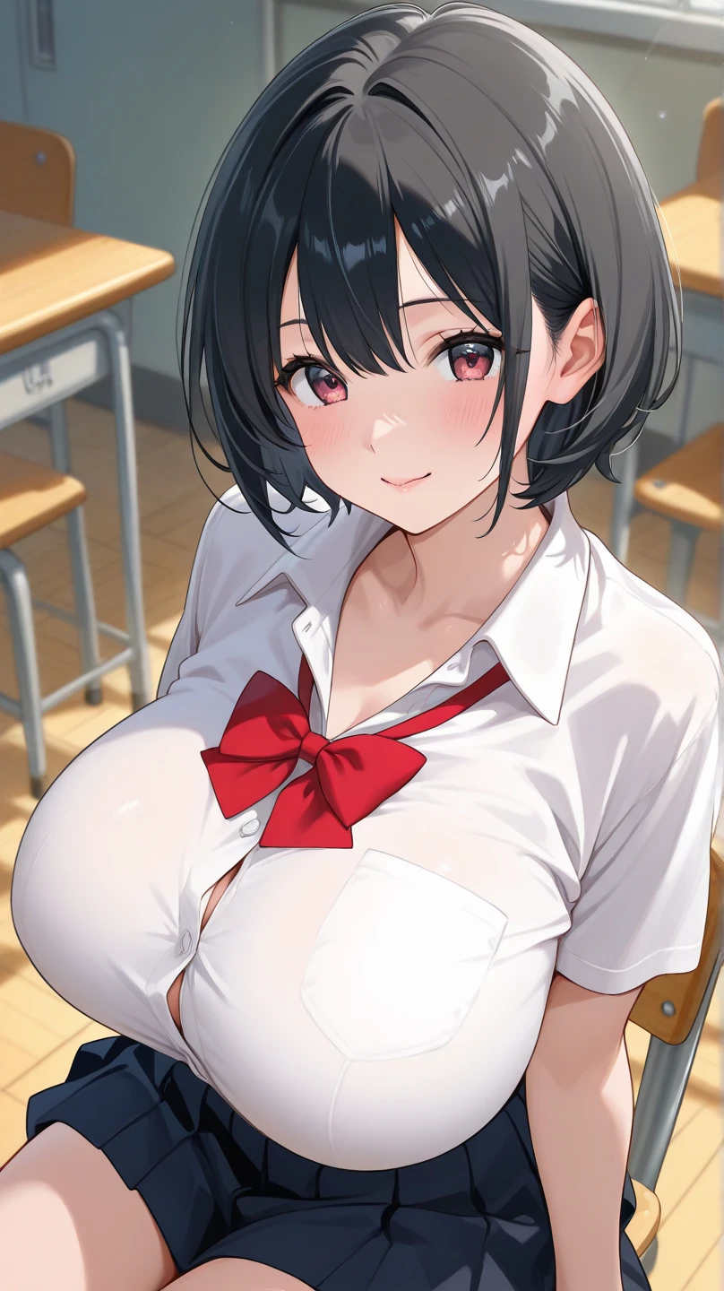 20 years old,1 girl, extremely thick thighs, hyperrealistic, 8k, (extremely detailed 8k), (very delicate and beautiful), (masterpiece), (better quality:1.0), (ultra high resolution:1.0), (masterpiece, best quality), cute,black hair,big breasts,leaning forward,ponytail,upper body,POV,, cardigan