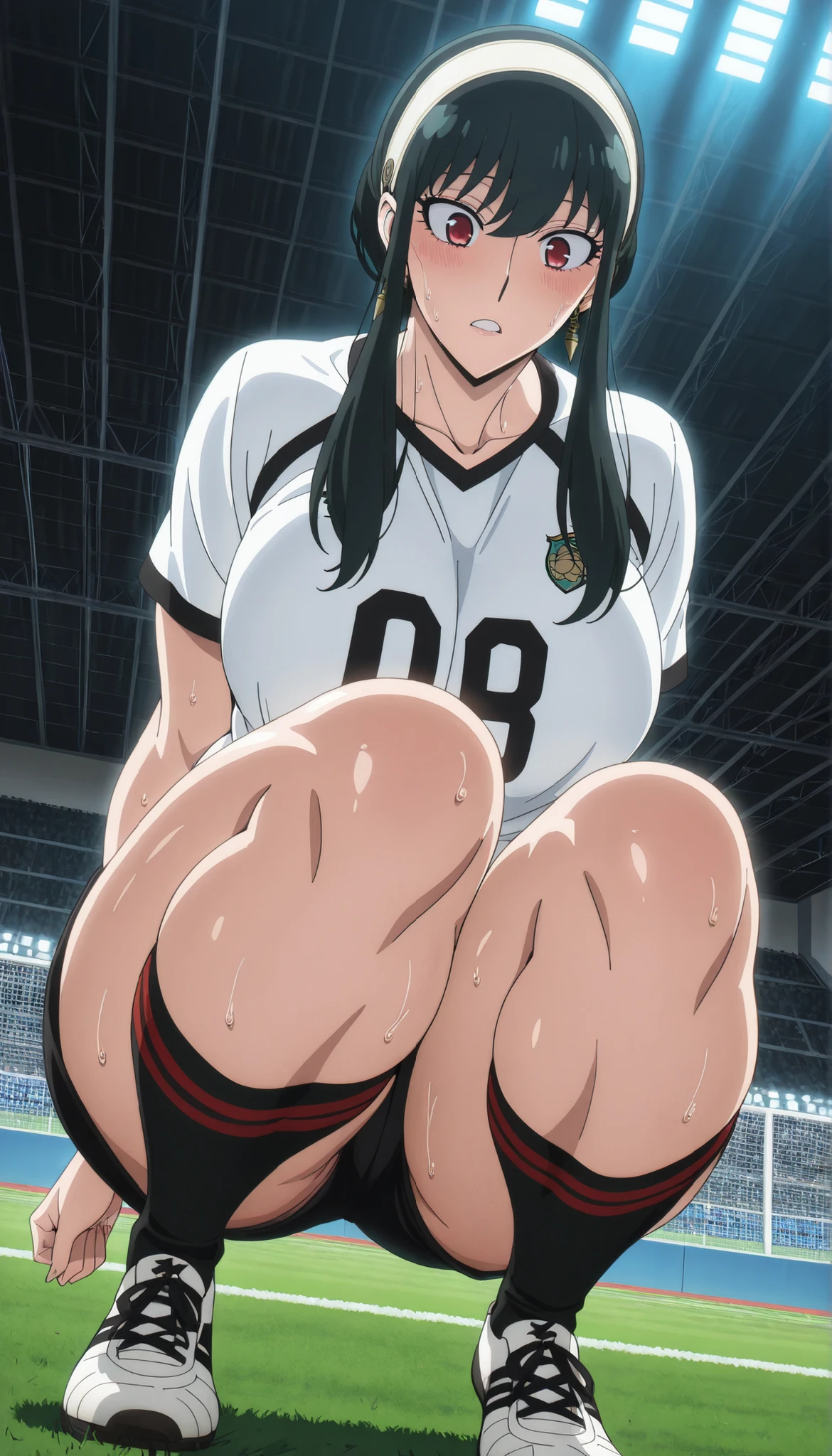 1woman, solo, Source_anime, soccer ground, wearing Soccer jersey, soccer shorts, socks, Soccer shoes, Soccer ball in ground, cinematic lighting, perfect lighting, detailed lighting, cinematic bloom,Quality_masterpiece, Anatomically correct, Beautiful face, Perfect face, Highly detailed beautiful face and eyes, Detailed face, Delicate facial features, Detailed skin, shiny hair, shiny skin, Huge breasts thick muscular thighs, wide curvy hips, fit body, delicate pattern, Mature female, Milf, Motherly, Sweating, yor briar, black hair, red eyes, earrings, white hairband, hairband, long hair, sidelocks, from below, dynamic angle , in squat position