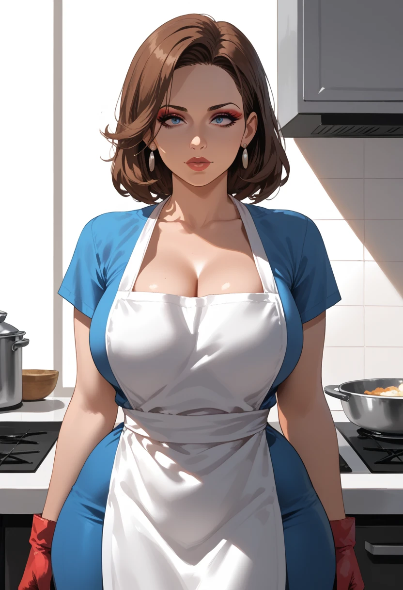 a housewife bending over wearing only an apron, cleavage, kitchen, big 