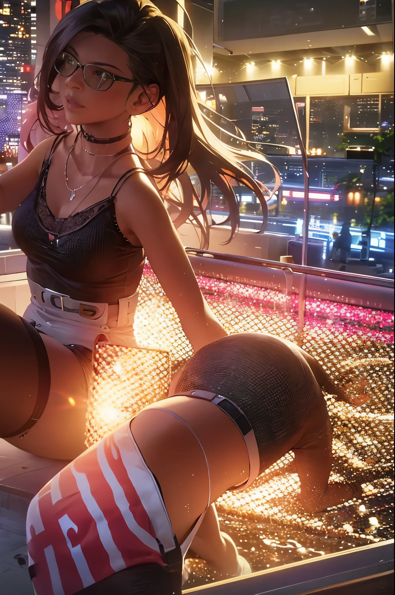 (drooping eyes, sleepy face, small eyes, angle from below), ((realistic skin)), (((open legs and straddle to hit her front of crotch from over panties against the bollard for masturbation))), open legs, skirt, (nipples-outlines are visible from over blouse), (natural pubic-hair above the panties), housewife returning from shopping, having plastic bag, ((dark hour of dawn)), thin necklace, hair up, glasses with thin rim, Times Square-where every digital billboard is a woman masturbating.