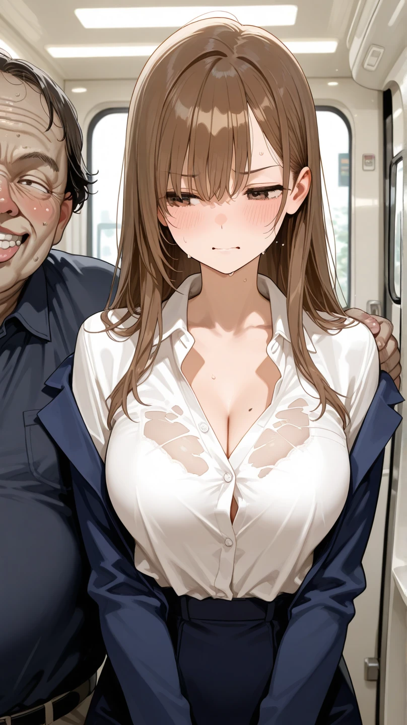 ((One Womanは胸をガラス扉におしつけている:1.4), (One Woman:1.2), ((highest quality)), (Very detailed), (very detailed CG integrated 8k wallpaper), Very detailed, High resolution RAW color photos, Professional photography, (Beautiful big breasts), brown hair, ponytail, Great face and eyes, Slender body, (Amazingly beautiful girl) (karaoke box、Behind the Door, Woman in the room, View from the hallway through the glass door:1.3), (Idol Style , (Open blazer:1.2), White shirt, Check skirt, (Red ribbon at collar:1.1)) , (His shirt is turned up, Pink stylish lace bra with embellishments:1.4), (Erect nipples), Exact number of arms, Exact number of legs, Perfect Anatomy, doggystyle, A woman leans against a glass door, Embarrassed expression, sexual pleasure expression, Facial expressions that put up with the toilet , Woman holds hands on glass, window fog, Man behind woman, A man touches a woman's waist, Slit glass door ,(bare breasts:1.2) , (naked:1.4) , (pussy juice:1.3) , in the train