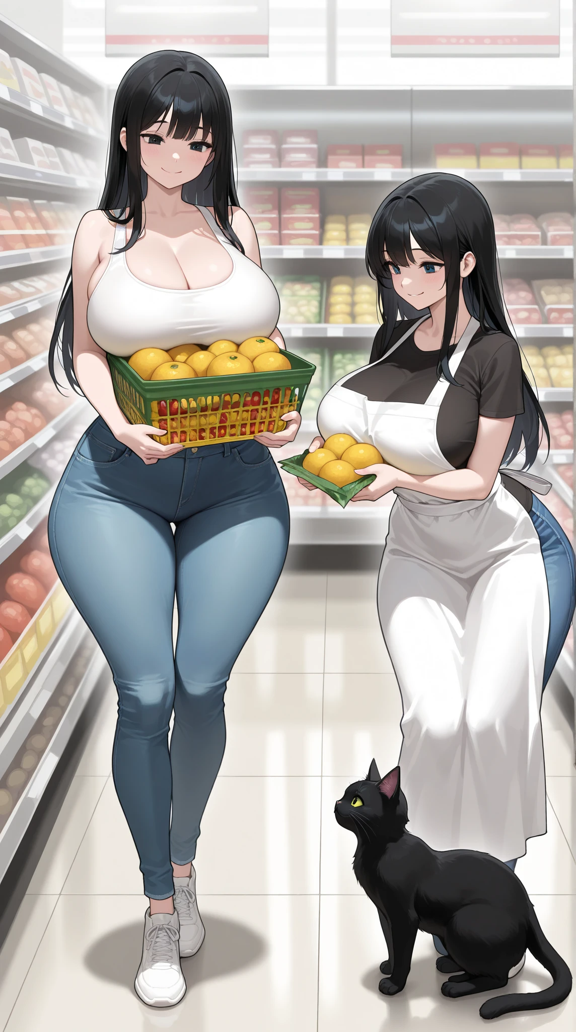 Chubby japanese sexy mature woman (50 years old), long straight black hair, sexy black dress, sexy neckline, with tall husband, walking in a Big store, walking holding hands, horny expression,