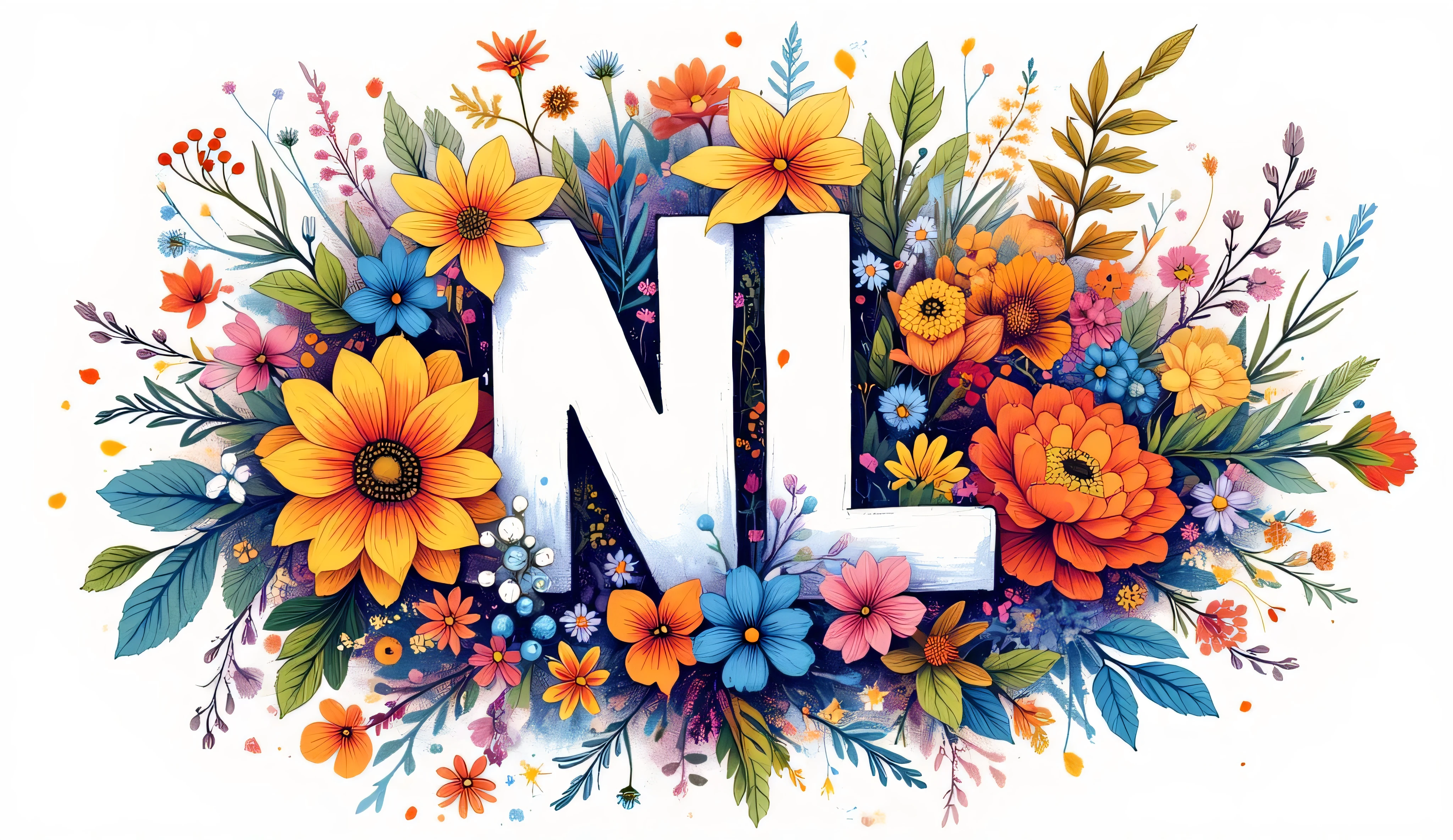 a logo with letters NL with floral details, In the colors of the rainbow behind the letters