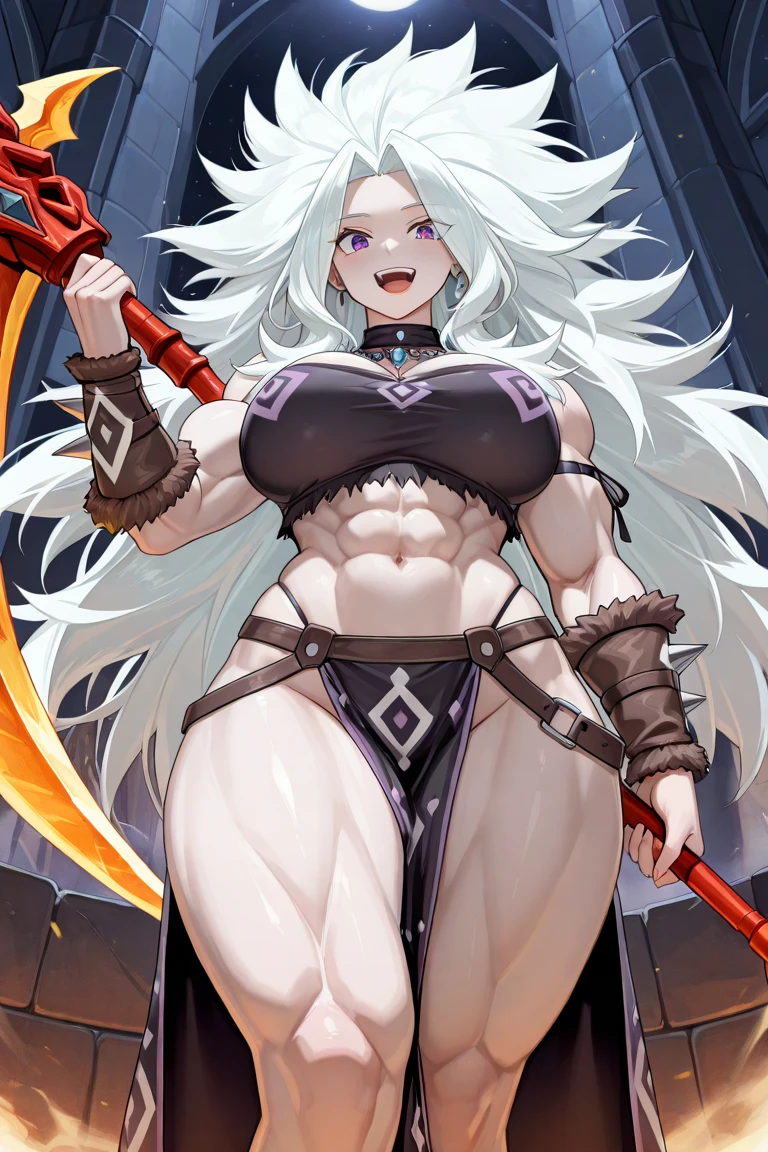 Pale skinned woman with burn scars on her left arm and below her left eye with silver hair, , big hips and silver colored eyes.
