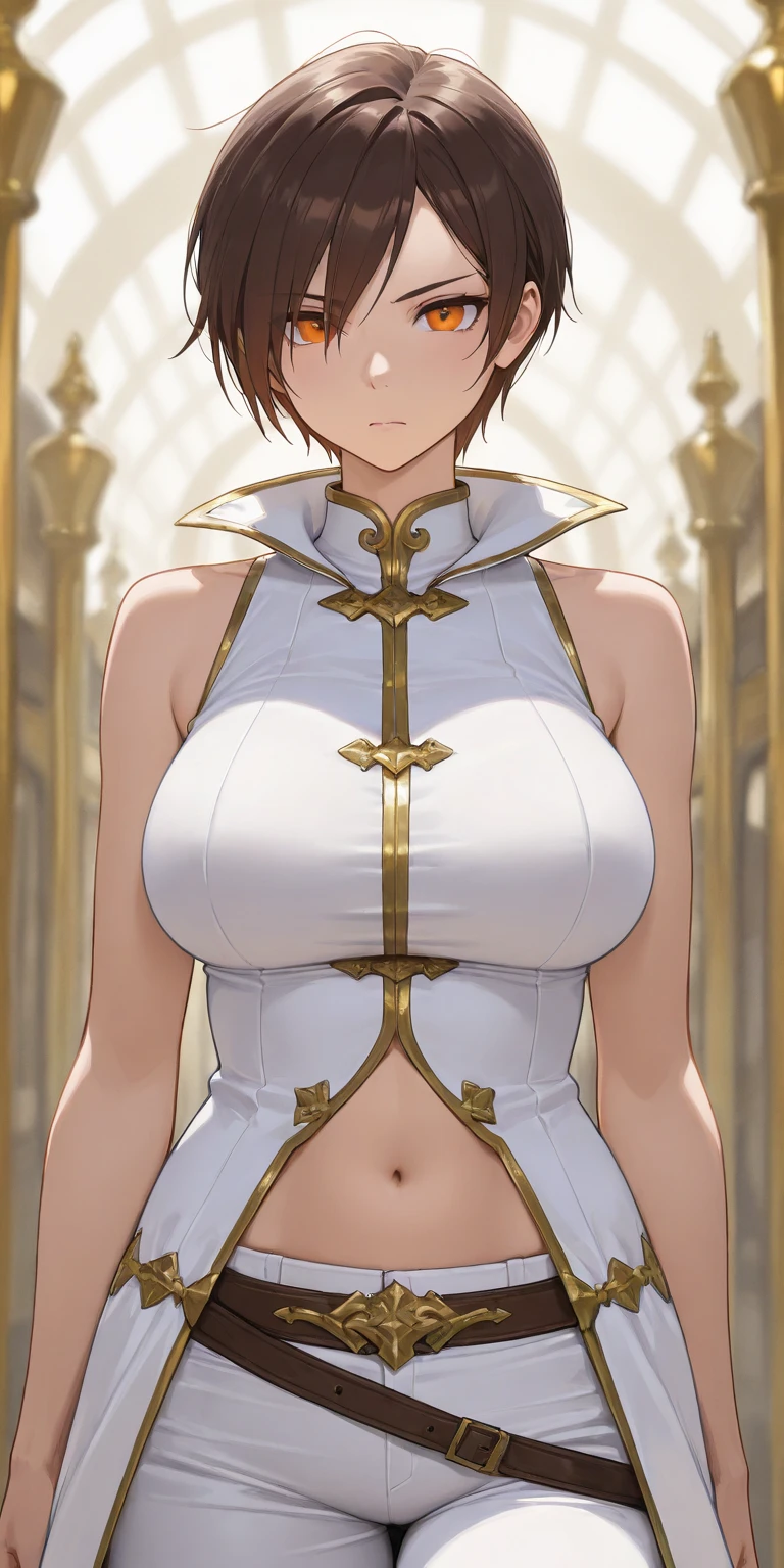 masterpiece, best quality, <lora:gbfbk-nvwls-v1-000009:0.9> gbfBK, short hair, green eyes, bare shoulders, white leotard, detached sleeves, bracers, white thighhighs, upper body, large breasts, furrowed brow, looking at viewer, dungeon, cobblestones, stone walls, standing