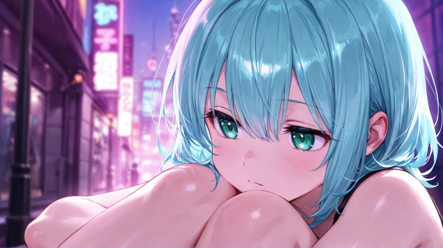 mad-neon-noir, lighting is dark and moody, indoors, penthouse, window show a city landscape at nighttime, short hair, lucy (cyberpunk), 1girl, bangs, multicolored hair, red eyeliner, makeup, cyberpunk, white hair, red lips, multicolored eyes, breasts, parted bangs, night, blunt bangs, Selfie, squatting, naked, nipples, glowing eyes, Lucy's eyes are glowing and she has a serious look on her face