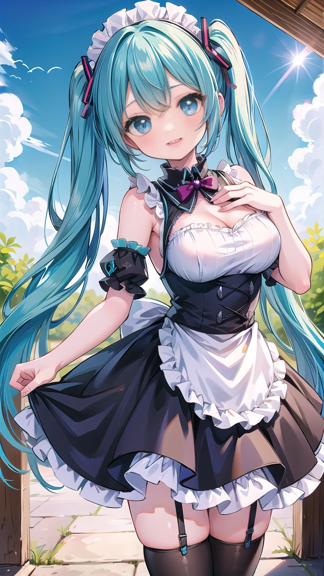 ((best quality)), ((masterpiece)), (detailed), Beautiful girl with perfect face,(Cyan hair),Long hair,Single ponytail,(()),((Big Tits)),Tall,Hot body,Maid costume blue sky,field,Vision