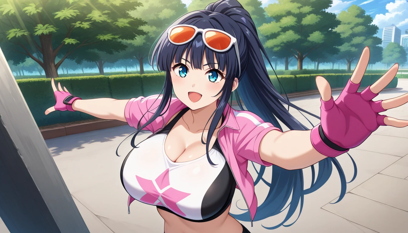 (Best quality:1.3), himejima akeno, black ponytail, large breasts, cleavage, unzipped jacket, shoulders, bikini, shorts, smiling, (pov), street background