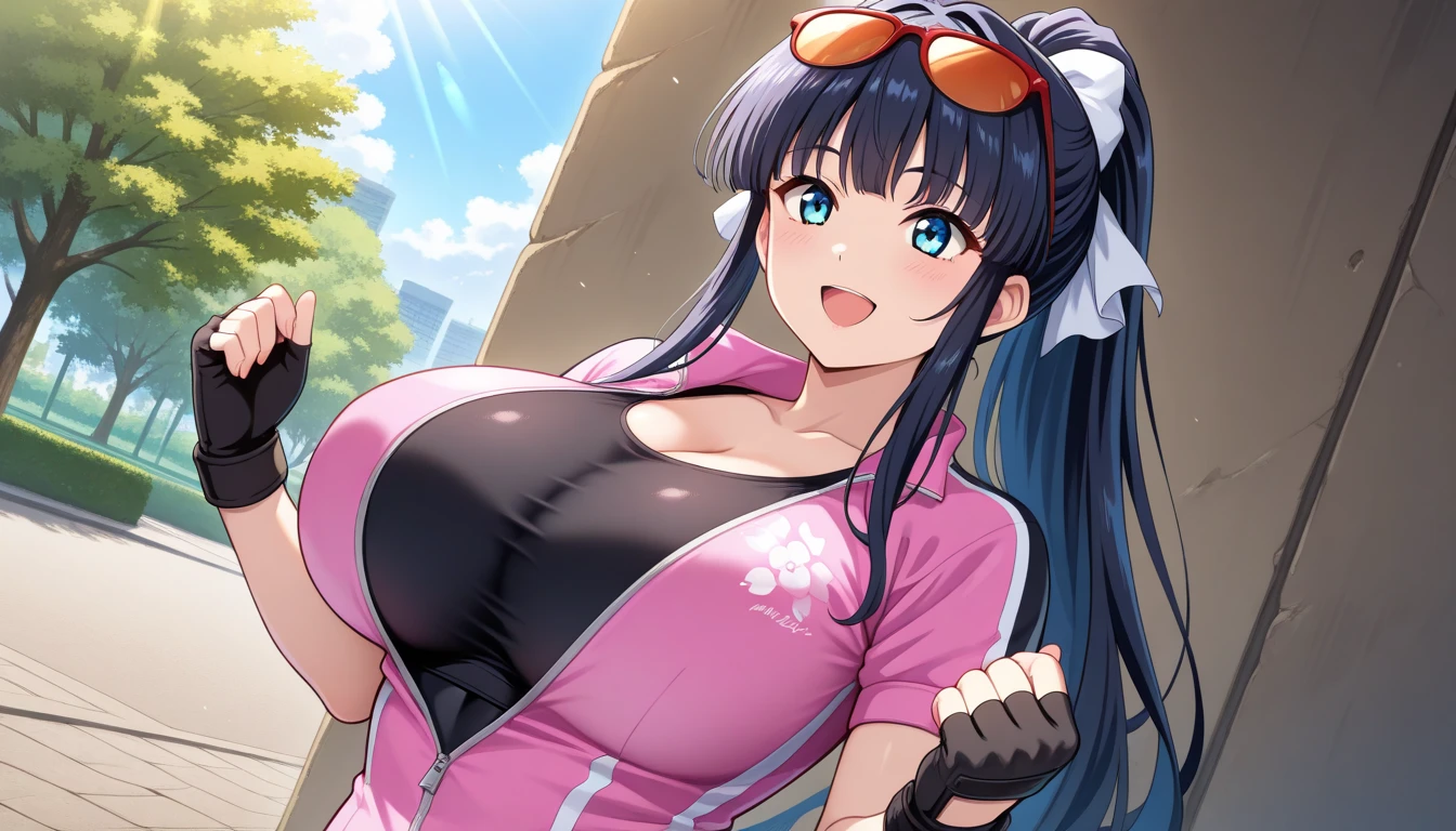 Paizuri, 1girl, 1boy ,pov, penis between the breasts, breasts squeezed together, cuteness,  , wet penis, sweat, pattern bikini, multi colored hair, graffiti wall, :D