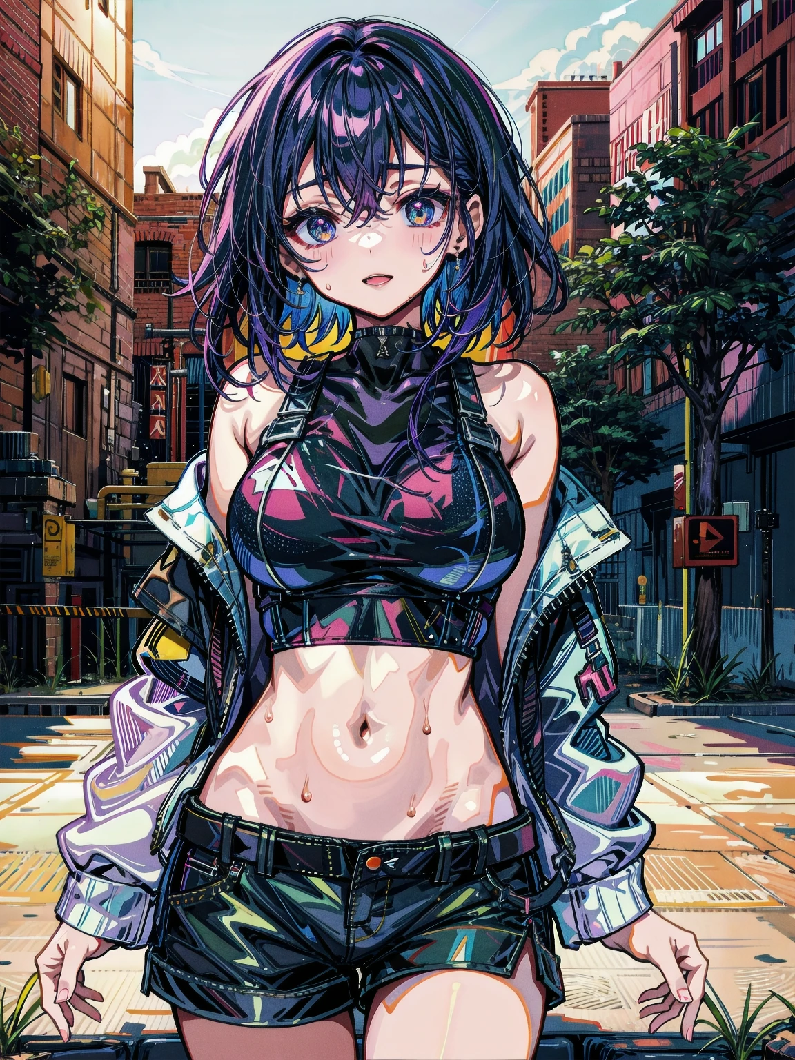 <lora:trou:0.8>,1girl,upper body,short hair, floating hair, expressionless, collarbone, collar,small breasts, open clothes, sailor shirt, cat lingerie, areola slip, denim shorts, hand on hip, headphones, cyberpunk, city, skyscraper, skyline, night sky, neon lights, no humans, background,looking at viewer,