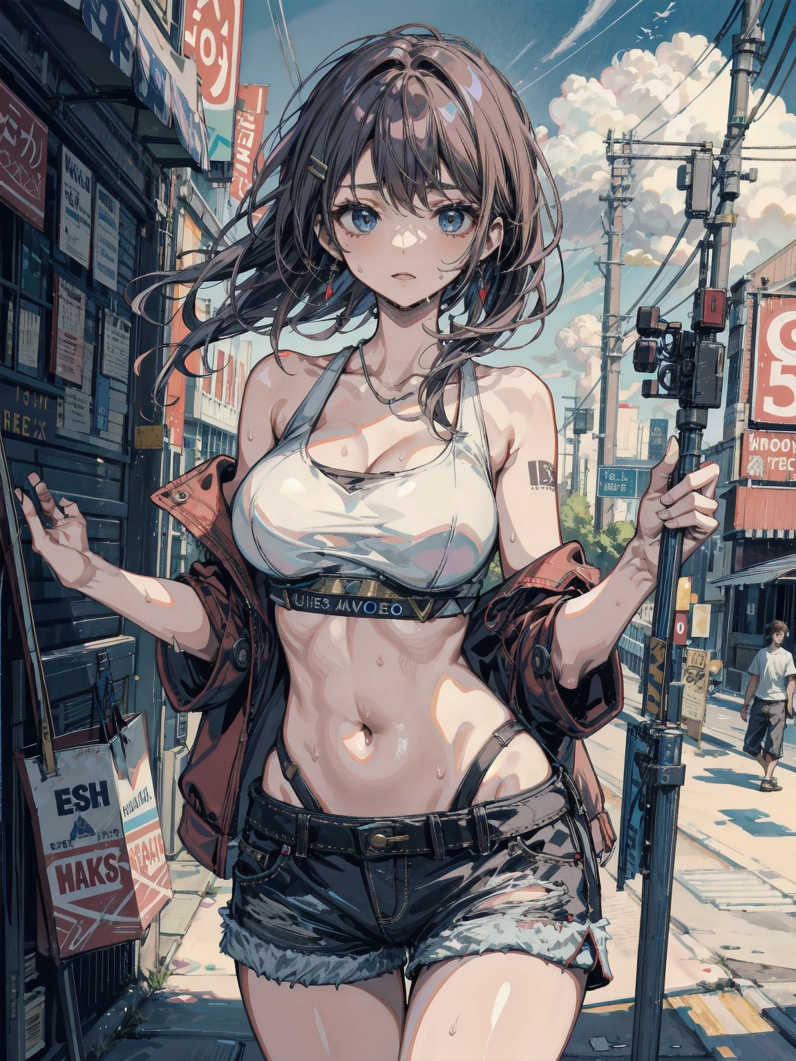 Swim Bikini, jeans, jeans jacket, peak cap, street, (Upper Body: 1.3), (Raw photo, highest quality, masterpiece: 1.2), (Realistic, photoRealistic: 1.37), (Charming monkey: 1), Professional Lighting, Photon Mapping, Radio City, Physically Based Rendering, Purelos Face_ v1、Glasses