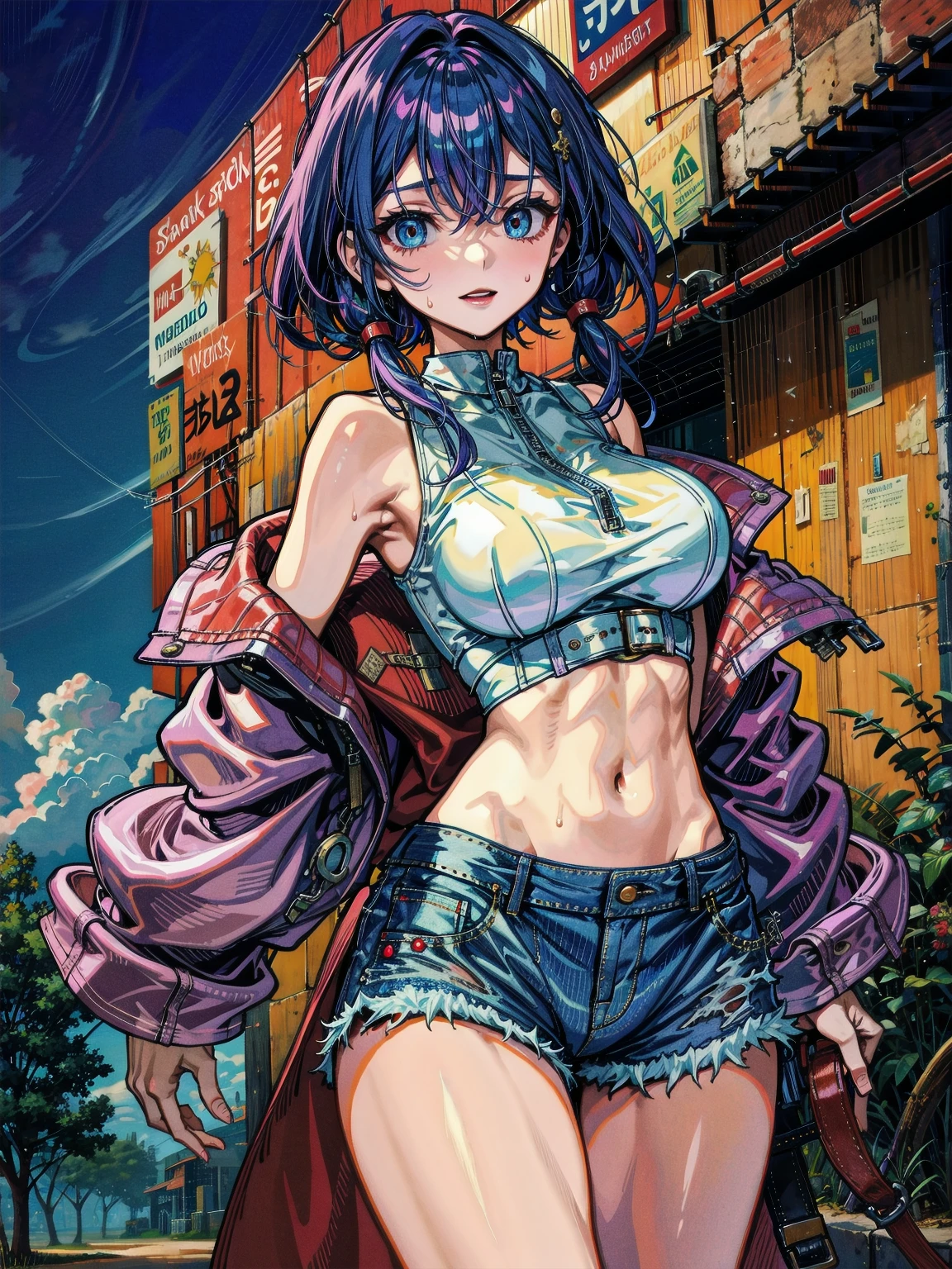 1990s anime, (masterpiece), high-definition, vibrant colors, korean girl, big boobs, big hips, messy dark purple hair, orange eyes, crop top sweater, jacket, shorts, belt, thong, thigh high stockings, boots, fishnet, balcony, leaning on the railing, sunset
