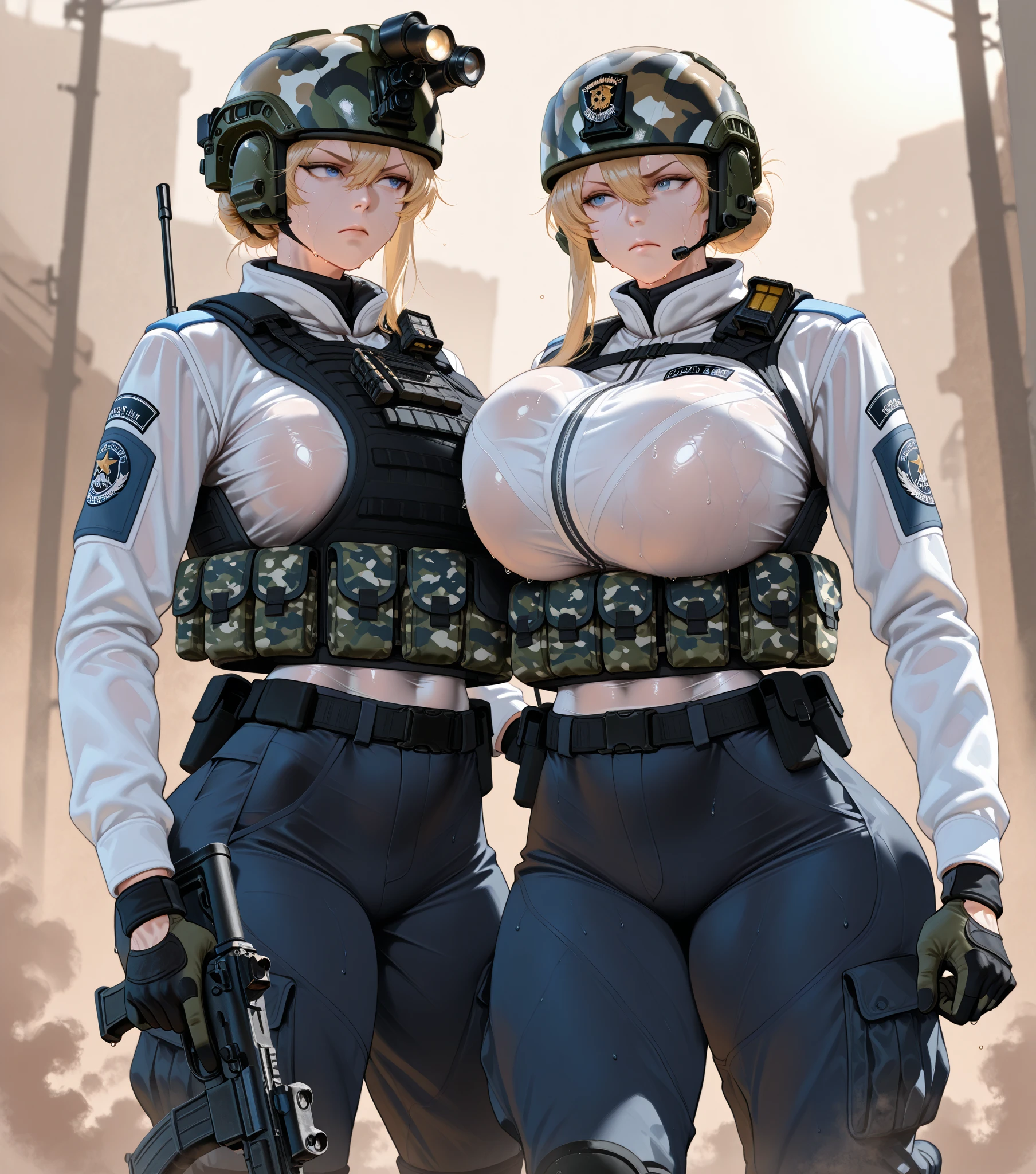 (Cool female police officer.Well-proportioned face.Beautiful white skin.Tall.Very muscular and slender body.Beautiful six pack abs.Big eyes.White Hair.Boyish short hair with a center part.I can see your forehead.Beautiful Blue Eyes.Heavy eye makeup.Dark lipstick.Tight waist.Very large breasts.Very large breastsの谷間.Beautiful light pink areola.Glowing skin).(A tight, see-through tank top that shows off your midriff.Clothes are see-through and nipples are visible.Tight black shorts.Long boots with black belts.I have a lot of piercings.Uniform cap).(1 Beauty.Futuristic City.Walking through the town at midnight.Police car.Police carの近くで立っている.Sweating.The eyes are narrowed.Serious expression)Perfect Face.Accurate human body.Accurate 5 fingers.High resolution.It's dynamic.Full body image