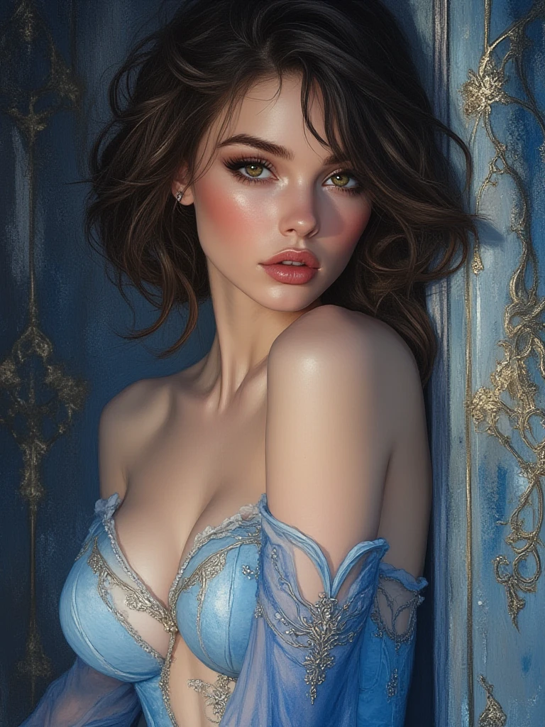 a masterpiece, best quality, woman wearing a red sheared dress, druuna, big boobs, dark blue eyes, red sheared dress, full lips, cleavage, high heels, sexy pose, best quality, aroused, paolo serpieri art, luis royo art, milo manara art, bernie wrightson art, ballroom background