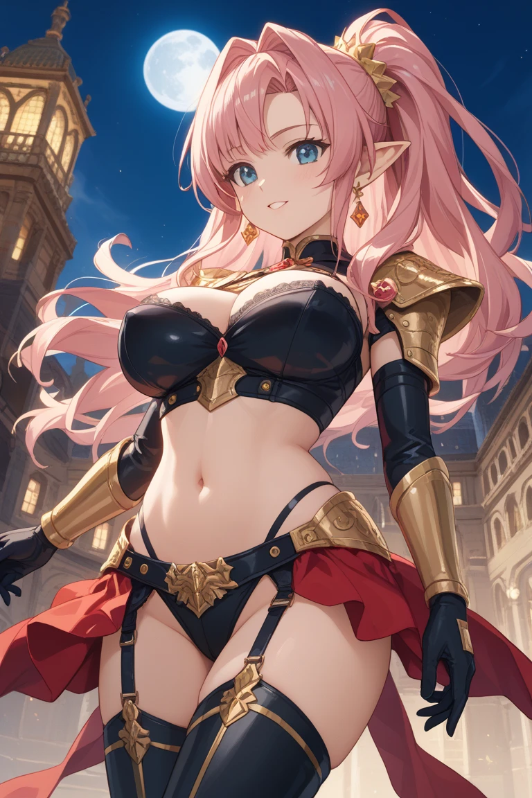 Lapisfe, One girl, alone, View your viewers, blush, bangs, gloves, Upper Body, Braiding, hair band, Outdoor, Part your lips, null, Day, Raise your hand, Pink Eyes, armor, wood, Covered navel, Blurred Background, Place your hand on your chest, shoulder armor, side Braiding, breastplate, red armor