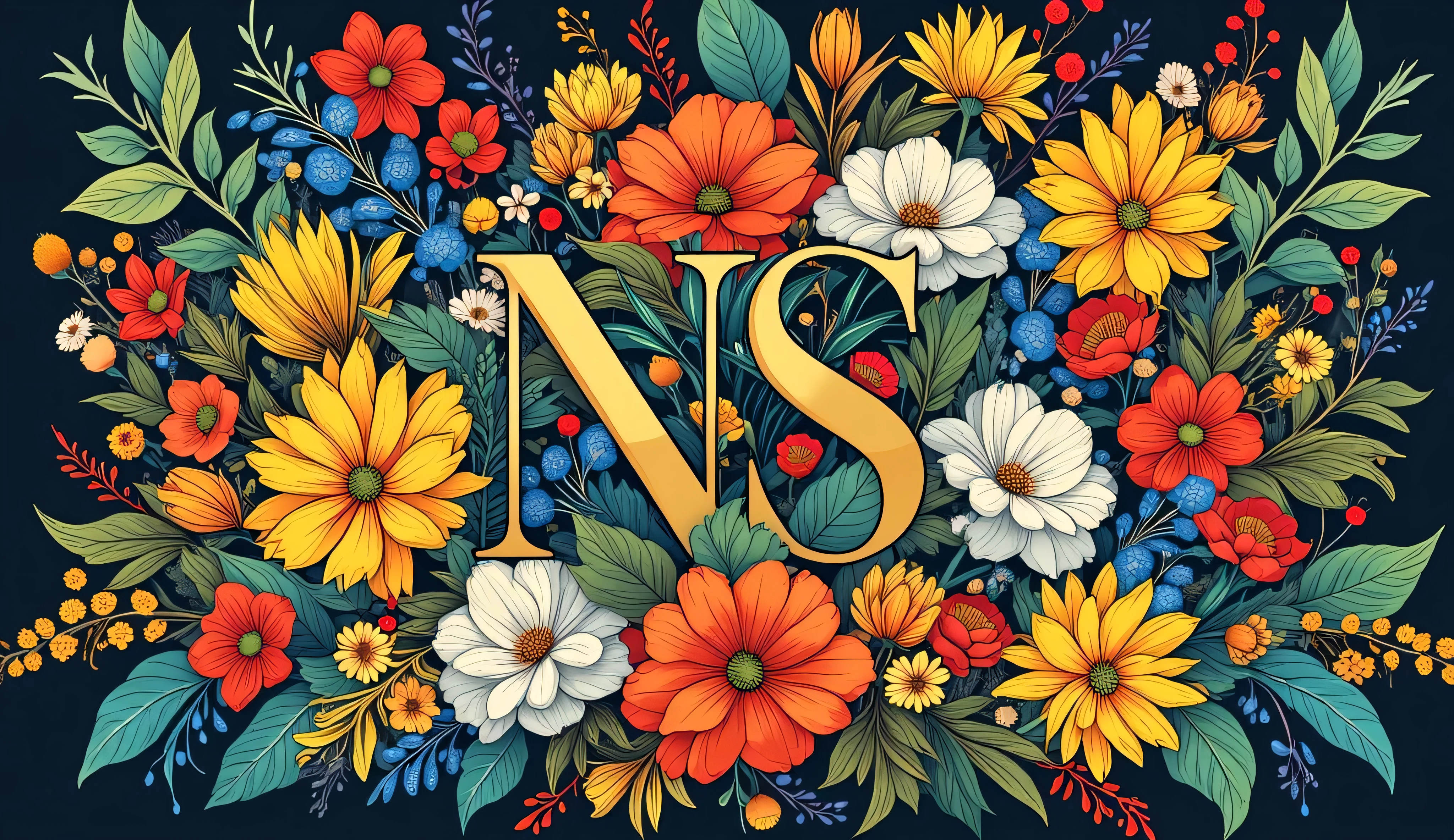 a logo with NS letters with floral details, In the colors of the rainbow behind the letters