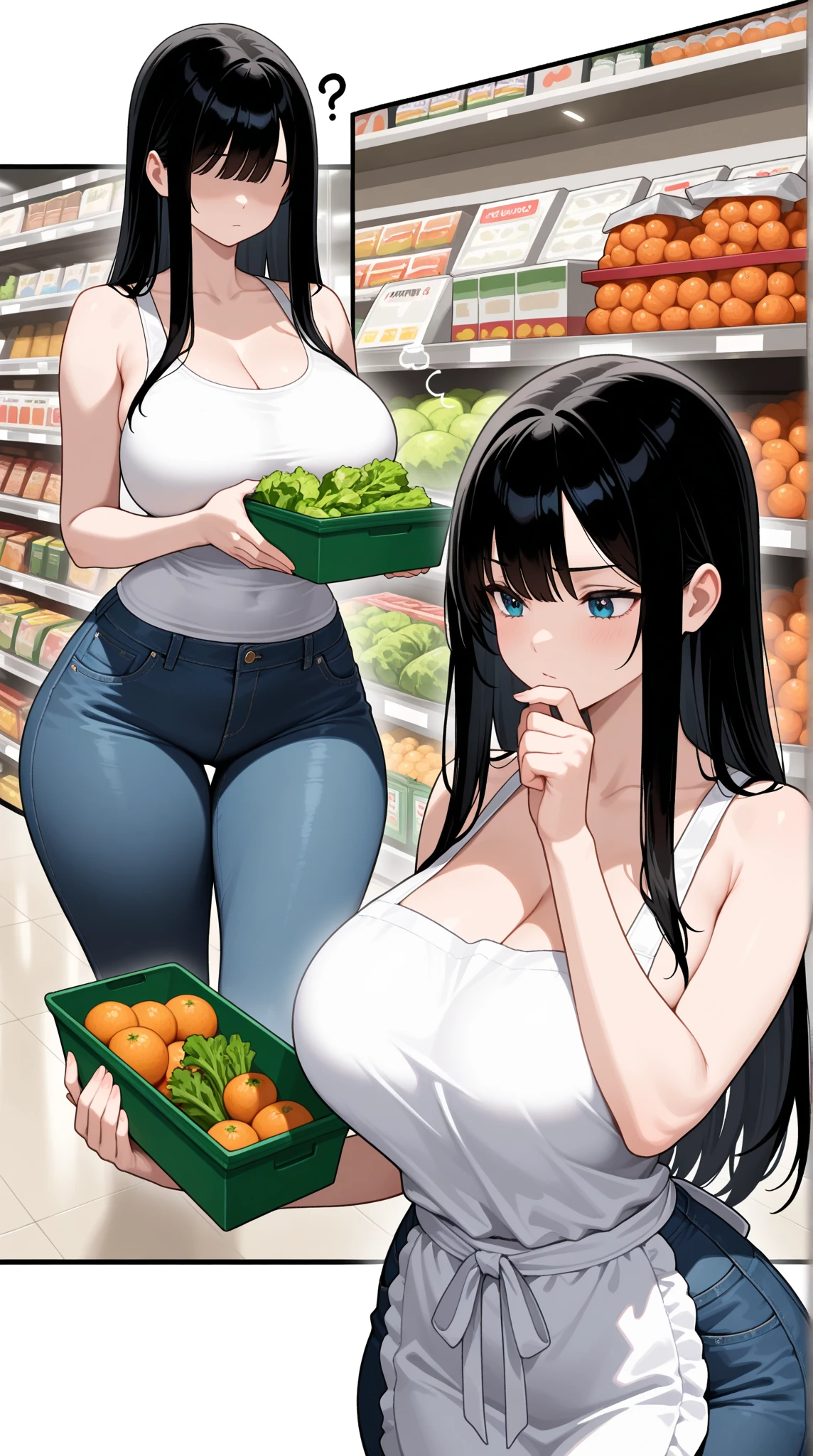 2 sexy women at the grocery store. Young short sexy, tight sexy choker, booty shorts, thin tube top, huge massive hanging breasts, full thick pouty lips, big beautiful smile, sexy wavy hair, big eyes with long eyelashes, big gorgeous smiles, super wide birthing hips, thick toned thighs. Cinematic morning lighting.