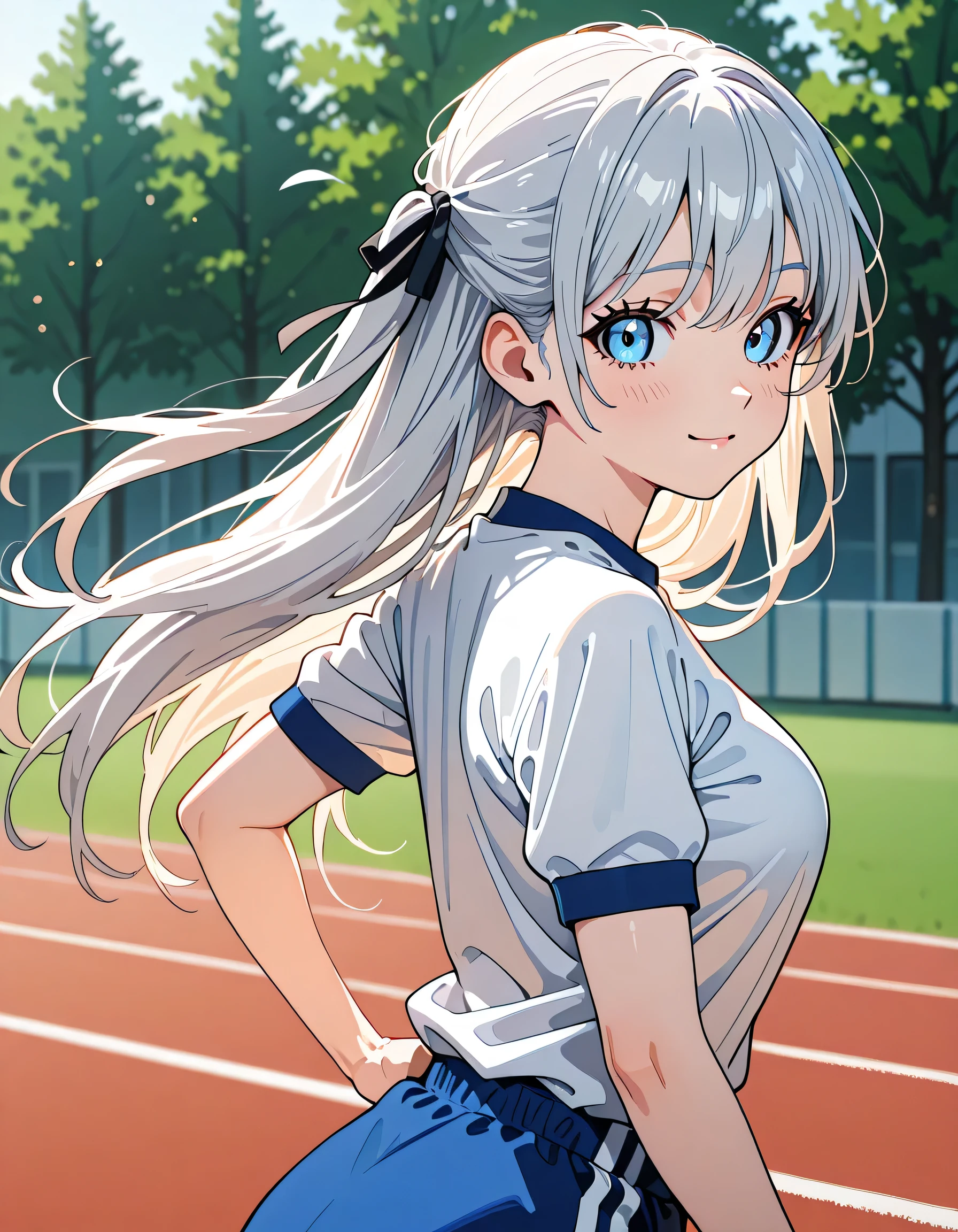 (score_9, score_8_up, score_7_up), source_Anime, absurd_res, white, blue, black, 1girls, solo, multiple girls, upper body, super fine illustration, an extremely delicate and beautiful, best quality, masterpiece, 8K, spring setting, on the school Athletic Festivalbeautiful detailed sky, flowers, gentle breeze, long silver hair:1.3, half updo:1.3, blue eyes:1.3, sagging eyes:1.3, hair ribbon with light red, ample breasts, white gymnastics uniform with Navy blue rim:1.3, navy blue school gym buruma, smile:1.3, blush:1.3, adjusting the fabric to fix its position:1.2, slightly pulling it to cover more, folds in the fabric, natural hand movement, dynamic pose, contrapposto pose, from behind:1.3, turn around:1.3, soft fabric movement, warm and bright atmosphere, soft lighting, delicate color palette, detailed clothing folds, flowing hair, lively spring vibe, highly detailed rendering, breathtaking composition,
