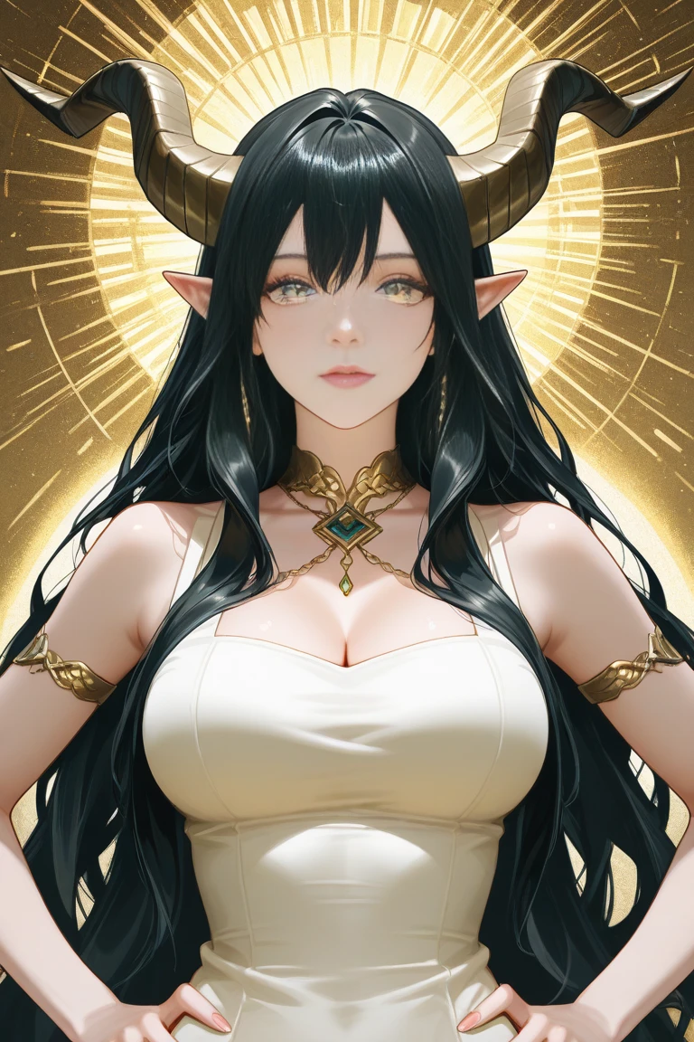 A woman with long black hair, wearing a white dress, red eyes, horns, barrette with a half moon symbol on the horns, purple aura around her, in a fantasy room, with white pillars, shy face, close view, large breasts..UHD, masterpiece, accurate, anatomically correct, textured skin, super detail, high quality, best quality, 8k, high resolution, bokeh effect.( solo woman)