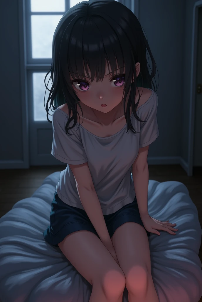 A woman in bed relaxed, whole body, with short clothes, a top covering the torso, short shorts, long black hair, ambient light getting dark, アニメ, 1920x1080, widescreen