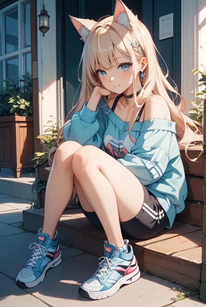 masterpiece,ultra detailed illustration,best quality,(masterpiece:1.3),( beautiful:1.2),(finely detailed:1.2),(high quality:1.2),(beautiful face:1.5 ), <lora:corrinFireEmblemFates_v1:1>,platinum blonde hair, red eyes, long hair, hair bangs,black headband,big eyes, young face,blue hoodie, dark blue pleated skirt,sneakers, at park, sitting on a bench, looking at the sky, side view, smiling,