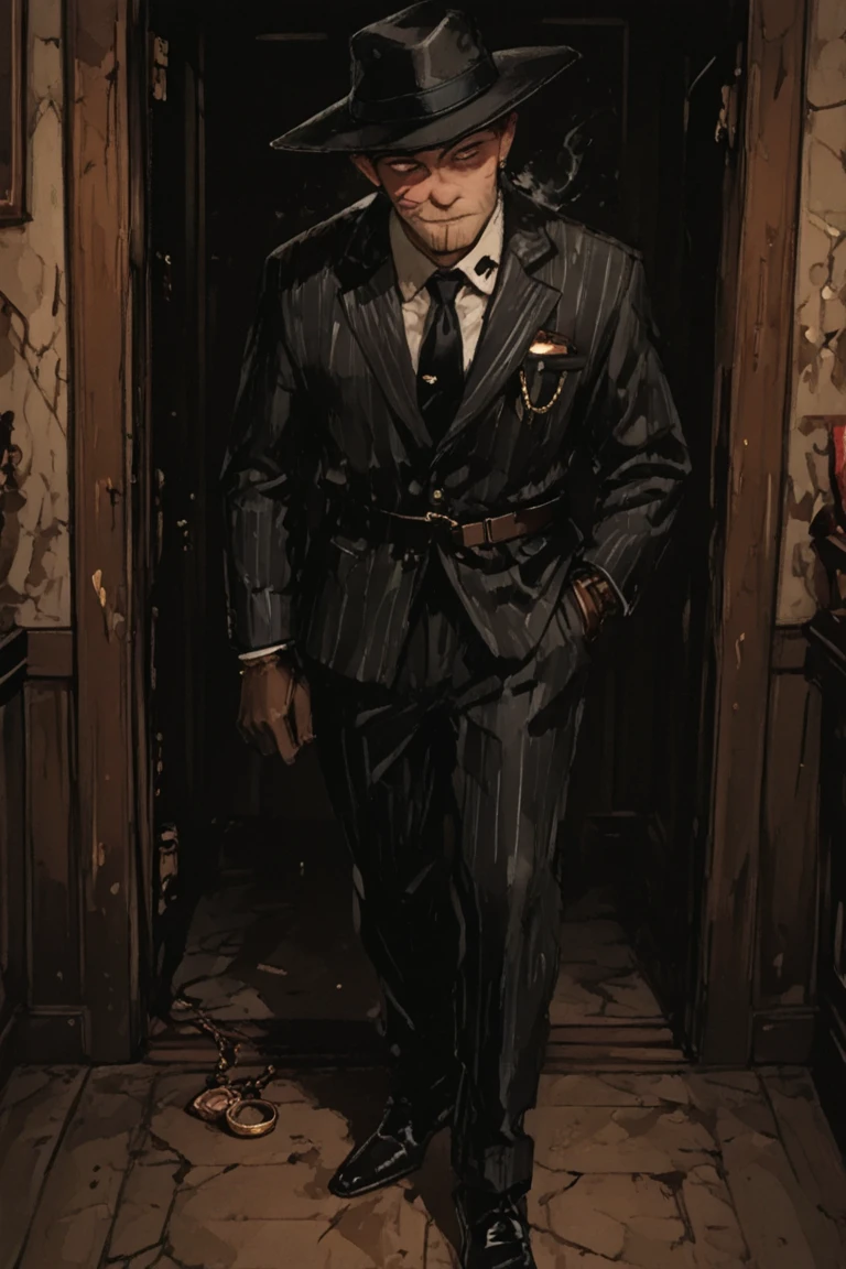 A man with long orange-yellow hair, neatly combed back, leaving a long tuft of bangs, he has slender eyebrows, sharp and intelligent eyes, his face is elongated and lean, he wears a dark Western-style fitted suit, a sleeveless long overcoat on top, a belt wraps around his waist, he wears loose trousers, stands in a luxurious Chinese-style hall, displaying a dignified expression, exuding a powerful aura, emanating a radiant fighting spirit, this character embodies a finely crafted fusion of Eastern and Western influences in a wise and sophisticated in anime style, characterized by a sophisticated and mature manga illustration art style, full body character drawing, high definition, best quality, highres, ultra-detailed, ultra-fine painting, extremely delicate, professional, anatomically correct, symmetrical face, extremely detailed eyes and face, high quality eyes, creativity, RAW photo, UHD, 8k, Natural light, cinematic lighting, masterpiece:1.5