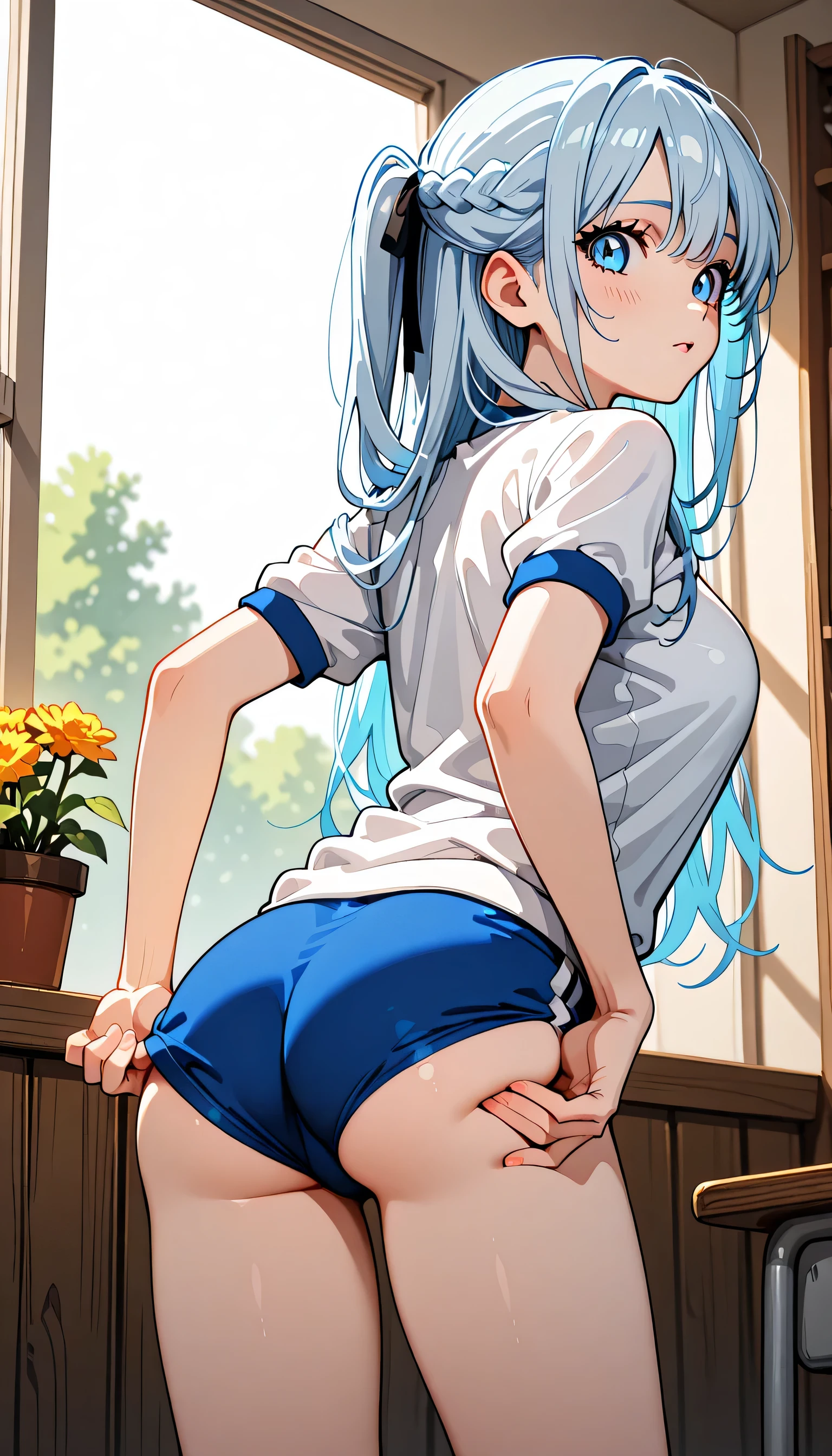 (score_9, score_8_up, score_7_up), source_Anime, absurd_res, white, blue, black, 1girls, solo, multiple girls, upper body, super fine illustration, an extremely delicate and beautiful, best quality, masterpiece, 8K, spring setting, on the school Athletic Festivalbeautiful detailed sky, flowers, gentle breeze, long silver hair:1.3, half updo:1.3, blue eyes:1.3, sagging eyes:1.3, hair ribbon with light red, ample breasts, white gymnastics uniform with Navy blue rim:1.3, navy blue school gym buruma, smile:1.3, blush:1.3, adjusting the fabric to fix its position:1.2, slightly pulling it to cover more, folds in the fabric, natural hand movement, dynamic pose, contrapposto pose, from behind:1.3, turn around:1.3, soft fabric movement, warm and bright atmosphere, soft lighting, delicate color palette, detailed clothing folds, flowing hair, lively spring vibe, highly detailed rendering, breathtaking composition,