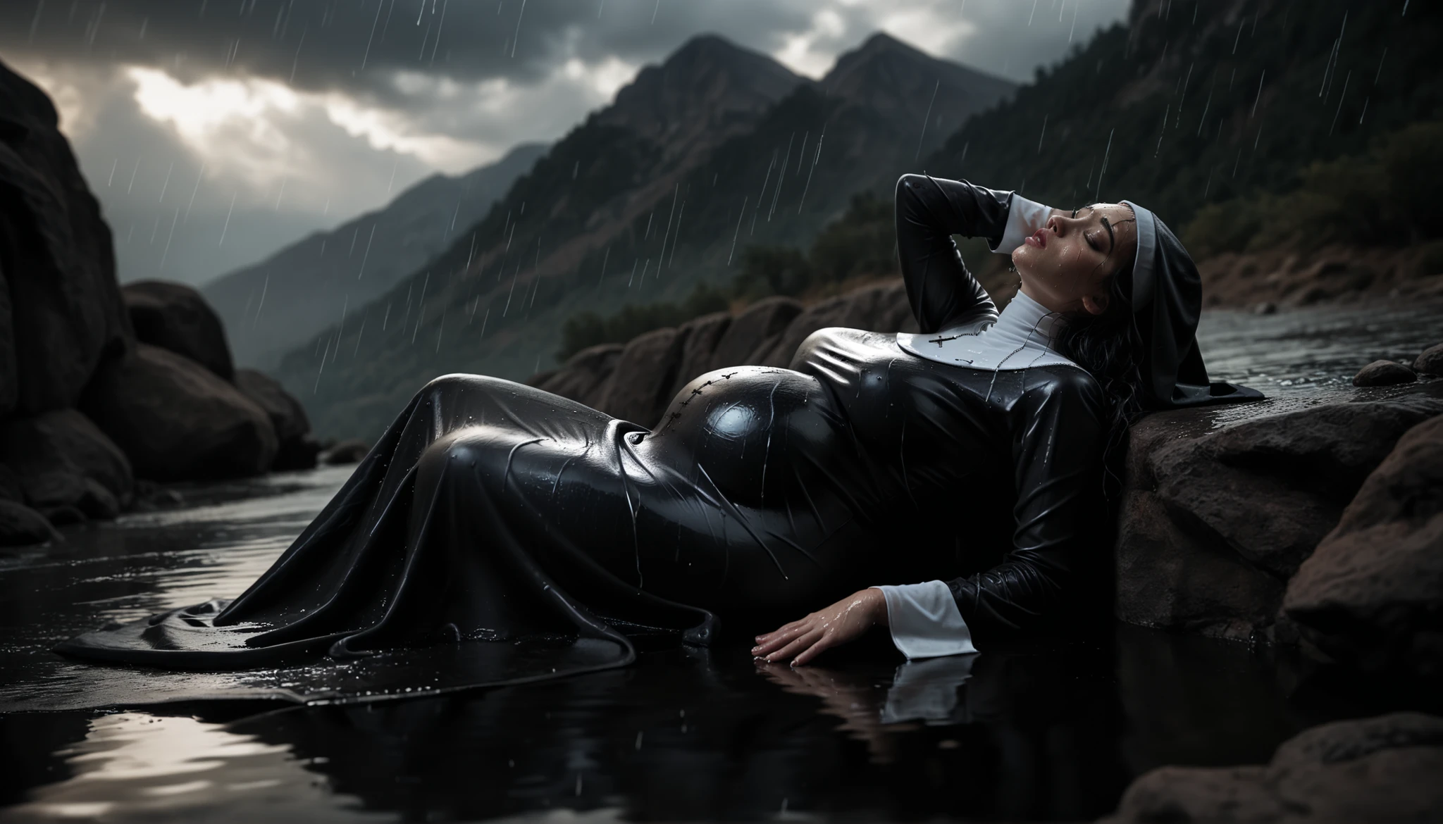 Create a hyperrealistic image of a nun woman lying down on a rock in top of a rocky mountain in a deep horizon, ((she is wearing a tight black nun blouse)), (((wearing a wet nun's habit that completely covers her body))), ((huge sagging bust size)), nature landscape, facial sadness expression, ((rain falling)), (she is suffering), full body, sleeping pose, all wet, long messy black hair, messy wet hair, she is pregnant, ((belly covered by cloth)), hyperrealistic, The sky is filled with dark, heavy clouds, cold light, ensure every element is sharp, with maximizing attention to detail throughout the image, a lot of clouds in the sky.