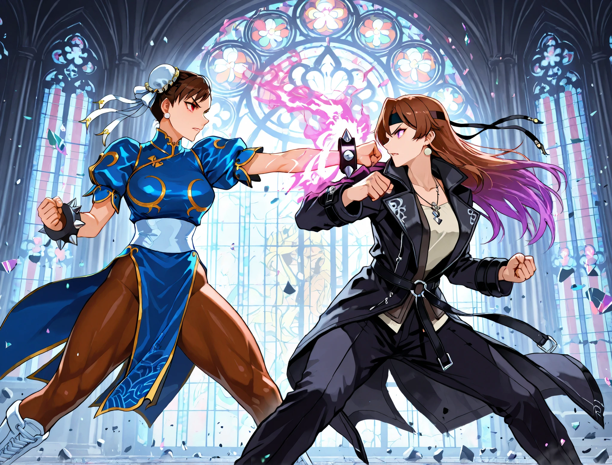 Chun-Li and Kyo Kusanagi locked in an intense anime-style battle inside a grand gothic cathedral with towering stained-glass windows glowing from behind. Chun-Li is on the left, low to the ground in an agile, aggressive stance, legs spread, leaning forward with one arm extended and the other pulled back, glowing purple energy swirling around her spiked bracelets. Her classic blue qipao is flowing, and her eyes are focused and fierce. On the right, Kyo Kusanagi is charging forward with a flaming punch, coat flaring behind him, hair and headband blown by the force. Both characters are caught in mid-action, facing each other, with dynamic lighting, vibrant colors, motion blur, and shards of stained glass flying through the air. The camera is angled low, enhancing the drama and energy, in full color epic anime style with cinematic composition."