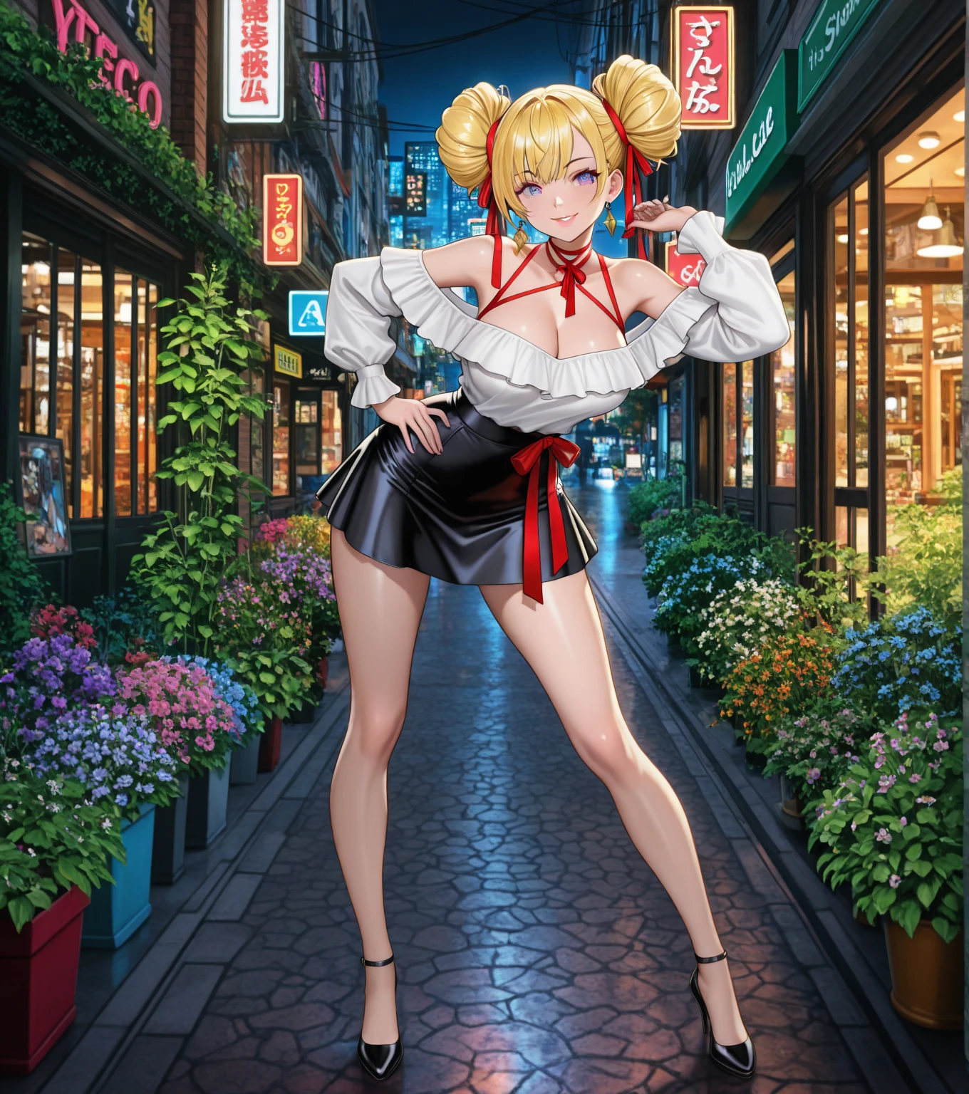 ((Best Quality)), ((Masterpiece)), (Very detailed), beautiful and athletic blonde swedish girls, big tits, bridal good, very small sheer black chiffon brazilian style, with floral embroidery in red and green and mini thongs, Breasts, walking down a shopping street in Amsterdam with neon signs, looking at camera, very big ass, heels