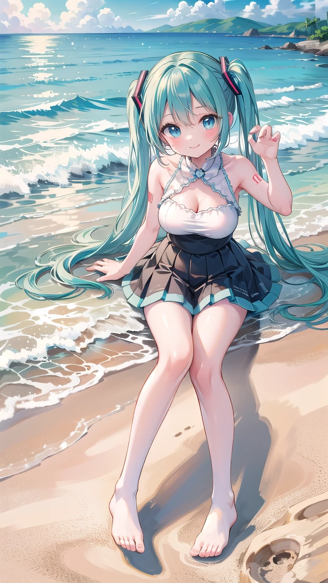 Hatsune Miku, 1girl, 19 years old, large , triple D cup breasts buttocks, bubbcks, wide hips, bs, fit and strong, slender b, aqua eyes, aqua hair, balloon, bangs, bare arms, bare legs, bare shoulders, barefoot, beach, blue eyes, blue hair, blue sky, bow, cloud, day, dress, from behind, full body, hair between eyes, hand on headwear, hat, long hair, looking at viewer, looking back, ocean, open mouth, outdoors, sand, skirt hold, sky, smile, solo, standing, sun hat, sundress, twintails, very long hair,