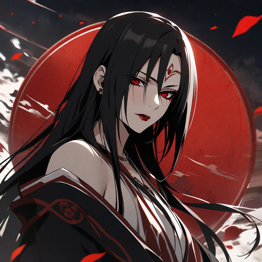 Unohana, solo, kimono , red eyes, haori, Temple , orange moon, scar on chest, parted lips, thick thighs , big breasts, bankai, blood
