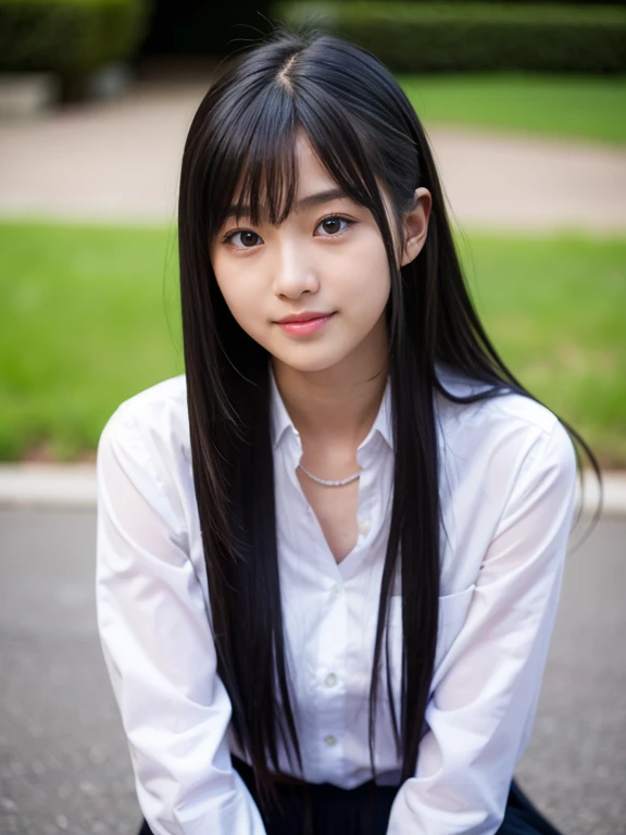 Incomparable masterpiece, perfect artwork, ((pretty Japanese girl)), young, age: 14, ((natural beauty)), long black hair with subtle waves:1.3, ((school uniform:1.2)), white blouse and plaid skirt, ((smiling face:1.1)), innocent and carefree expression, best quality, ultra high resolution, realistic, solo, soft lighting, natural makeup, (cuteness:1.5).