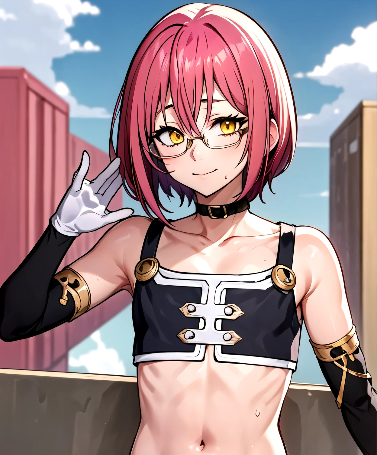 (Perfect body),Best Quality,(8K Portrait),(Official art)、((NSFW))、(((tiny chest)))、fatness、((Shorthair))、Twin-tailed、blush,((red hairs)),(Sweat),((Sleeveless white shirt))、Leotard、Black knee socks、1girl in,((((:D))))、(((right hand salute pose)))、(((Left hand on hip)))、On the train、eye glasses