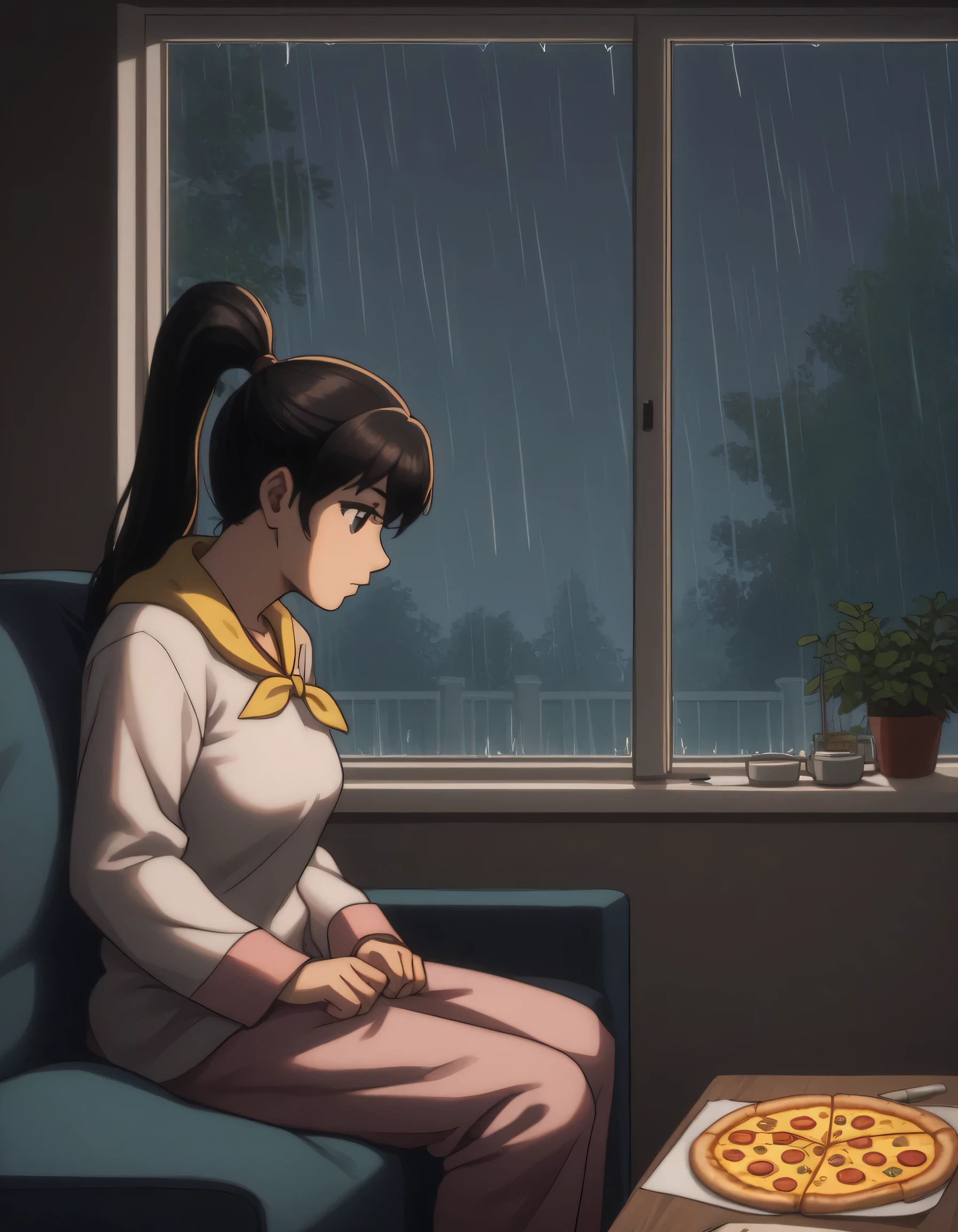 score_9, score_8_up, score_7_up, gsfghtr, pajamas, neckerchief, black hair, straight hair, medium breasts, long ponytail hair, cinematic Lighting, 1girl,solo, sitting on sofa, watching tv, television in front of her, glass of water, pizza, window, ((rainy)), ((rain outside)), from side