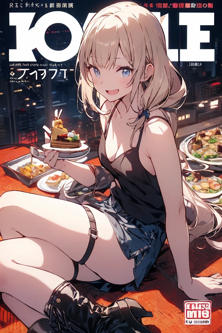 (small breasts:1.2), (perky chest:1.2), (pointed chest:1.2), (Pudding cake magazine cover:1.3),(from above:1.0),(shoot from the side:1.1),masterpiece, 1girl, Amazing Cleavage:1.1, thin waist, optimum,tmasterpiece,hight resolution,best qualtiy,hyper HD,super detailing,awardwinning,a 18yo cute girl,(The upper part of the body),anatomy correct,Beautiful Black miniskirt,garters,Gaze,Small face,bangss,holster,Beautuful Women,hands up,leg holster,Gaze,black boots,Cowboy Shot,cute face,a blond,Longhaire,Twin-tailed,Braids, Hairline,(scarlet eyes),long eyelasher,Hanging eye corners,White skin of the, ((see through camisole:1.1)), ((Sheer nipples:1.0)),Rocket Tits,(Slim body),smile,seductive weak smiling,(with sparkling eyes and a contagious smile),little open mouth, Looking at Viewer,