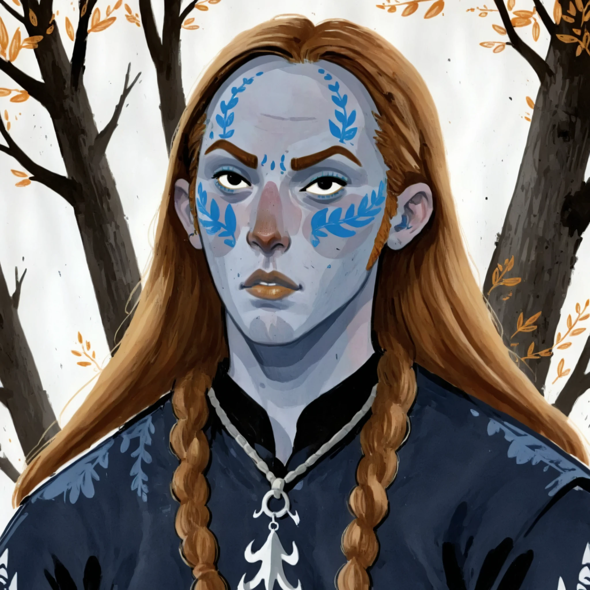 1boy, 2d art, flat colors, detailed male faces, tiefling, horns, simple black eyes, gouache texture, half body portrait, gouache painting, vibrant colors, chiseled features, thick gouache render, novuschroma57 style cartoon, in gougoupaintleaves, FRESHIDEAS Illustration No. 12, Illustration No. 8