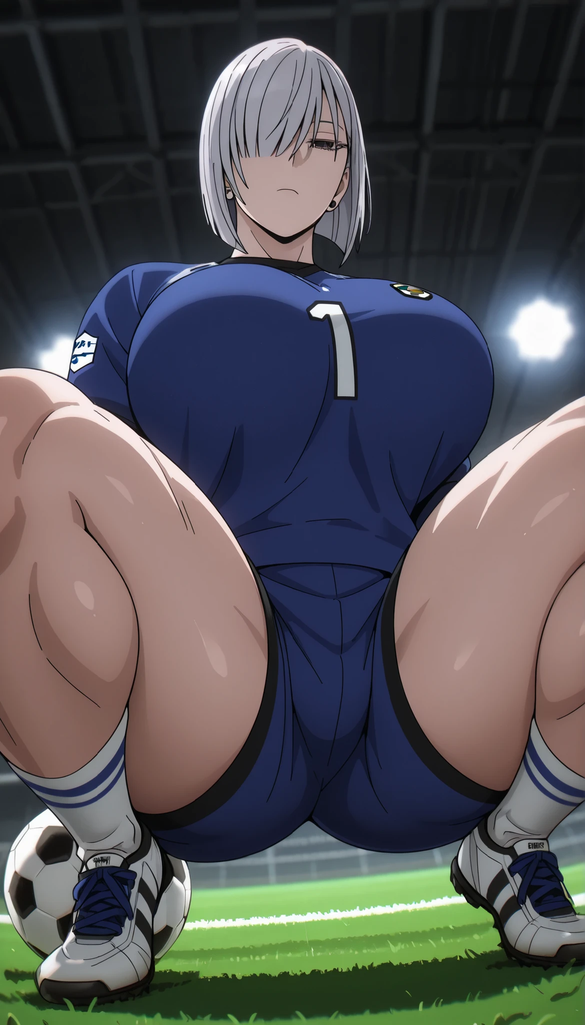 fiona frost,1girl,solo,mature,short hair, hair over one eye,looking at viewer,earrings,grey hair,emotionless,standing, huge breasts, thick muscular thighs, wide curvy hips, wearing Soccer jersey, soccer shorts, soccer shoes, socks, soccer ball on ground, from below, dynamic angle, in Squats position
BREAK
Soccer Ground, detailed background, cinematic light,