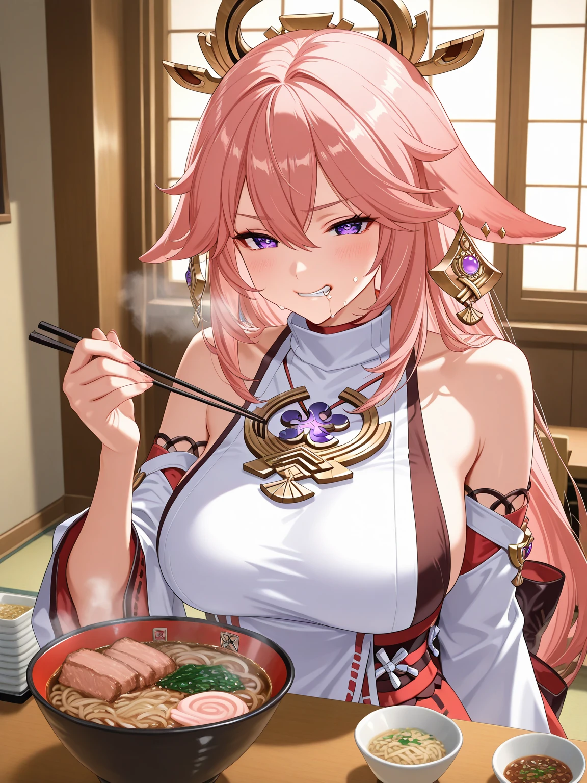 yae miko、(((best quality)), ((masterpiece)), (details), masterpiece, best quality, high quality, ulutra detailed, perfect face, Yae Shrine Maiden、Genshin Impact、Sideboob、Fox Pose、Shiny Hair、Glowing Skin、blush、Lustful look、smile、Priestess Costume、Background of a shrine with cherry blossoms in full bloom、torii、Holding inari sushi、bachong