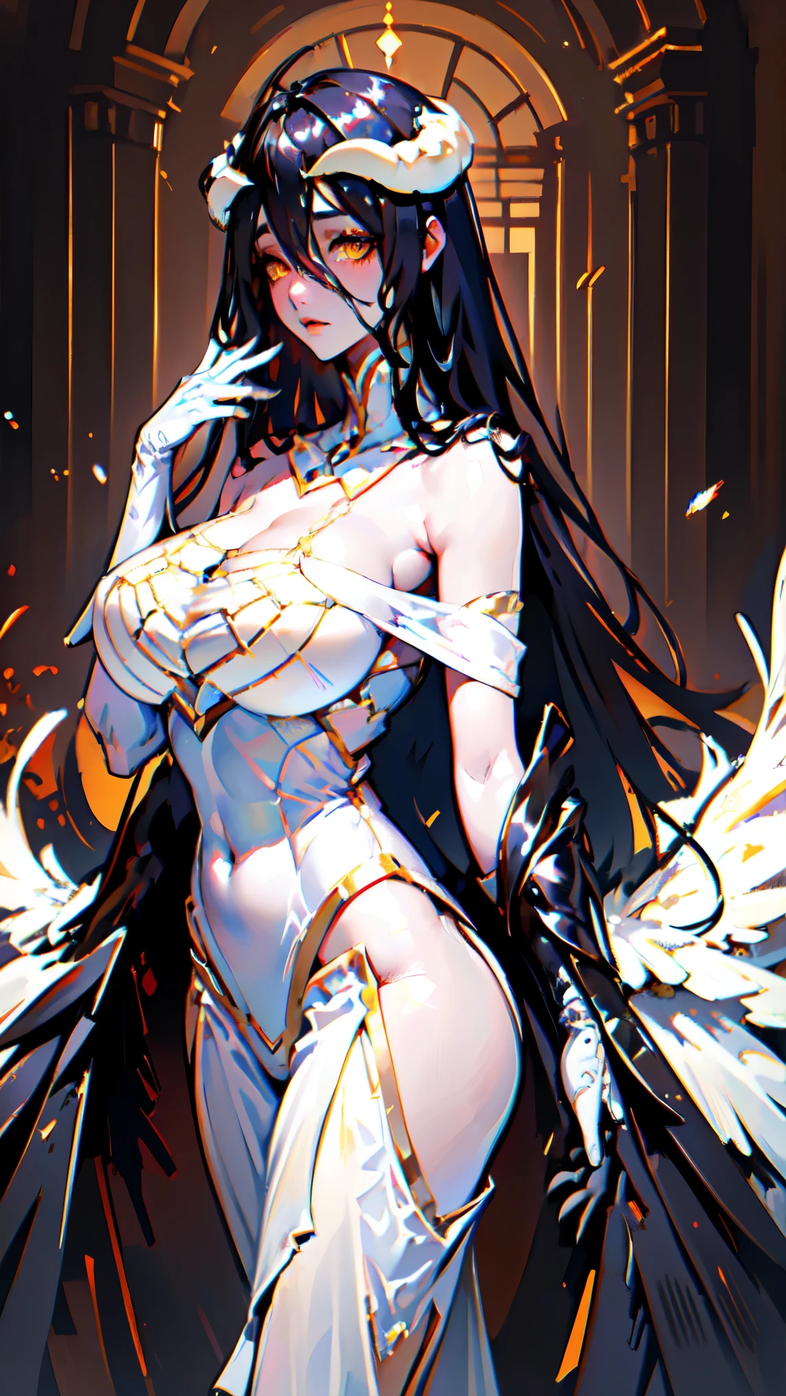 A (super realistic, 8k_resolution) beautiful meture woman(age_26(albedo _overlord)) with (orange_eyes with perfect_detailing) and white_wedding_attire(detailed) with gold jewellery on perfect huge sexy breasts, beautiful breast, black long beautiful hair, hyper detailed black wings ,(wallpaper style eyes )(wallpaper style body pose)(standing in middle with complete face visible and both eye make eyes to eye in contact to creator)(every angle with best detailing)