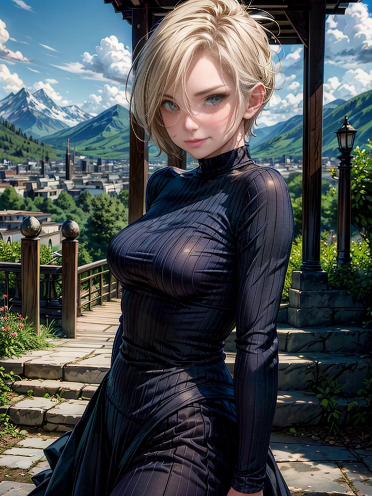 #Basics A girl is posing for a photo, animeのかわいい女の子, (((One Girl, Baby Face, Young girl, 16 years old))),
BREAK
#Clothing Accessories
(White high neck knit sweater + Roll up your sleeves + Tight fit at the waist with a black belt + black leather pencil mini skirt + Shiny and sheer black pantyhose, Lace-up boots),
Red gemstone earrings, fancy silver necklace,
BREAK
#Features
((Blonde)), Curly hair, (Pixie Cut Hair : Very short hair + Hair curled outside + Thin Hair),
(Droopy eyes, blue eyes), (Small breasts), ((Tanned and dark skin:1.4)),
BREAK
#background environment
(noon、(Stone path lit by sunlight, garden, A rural townscape can be seen in the background.)),
#Facial Expression Pose
((Wicked Smile), (A powerful walking pose with arms naturally hanging down at the sides)),
#composition
((Face the camera, Cowboy Shot)),
BREAK
#Body parts elements
(Detailed hair, Beautiful Hair, Shiny Hair),
(double eyelid, Long eyelashes),
(Expression of fine eyes, Beautiful and delicate eyes, Sparkling eyes, Eye Reflexes, Glitter Eyeliner),
(Human Ear),
(Beautiful Nose, Thin Nose),
(Glossy lips, Beautiful Lips, Thick lips, Glossy Lips, Natural Cheeks),
(Detailed face, Symmetrical facial features),
(Detailed skin, Textured skin, Beautiful Skin, Shiny skin),
BREAK
#Quality
(((Highest quality)), ((masterpiece)), ((Very detailed))), ((High resolution), (16K,1080P)),
(Realistic), (Anatomically correct),
((comics, anime)), (3DCG), CG illustration,