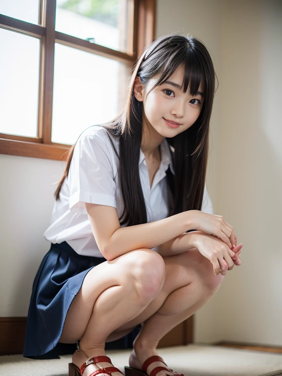 (masterpiece, highest quality:1.2), 8K, Young beautiful girl, 85mm,Official AR RAW Photos, baby face、、show me your ears、photo shoot, cute face, Completely naked、thighs, After school classroom, looking at the viewer, embarrassing、smile、no makeup, film grain, chromatic aberration, sharp focus, face light, clear lighting, Ten generations, detailed face, background bokeh、13 year old junior high school student、Wet、(angle from below, ecstasy face), masturbation, strong wind, ((spread your legs, Showing off one's private parts)), (((Focus on the pubic area,shaved pussy, between the legs))),, stream,