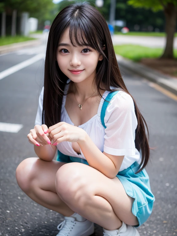 (best quality, masterpiece:1.2),ultra detailed,(photo realistic:1.4),solo,cute girl,(colorful illumination:1.1),kneeling on the playground after school, ((full body visible)), far away from viewer. She is a beautiful, pretty, adorable, cute, young, , light_particles, summon,on hand,luminescence_circle_background,