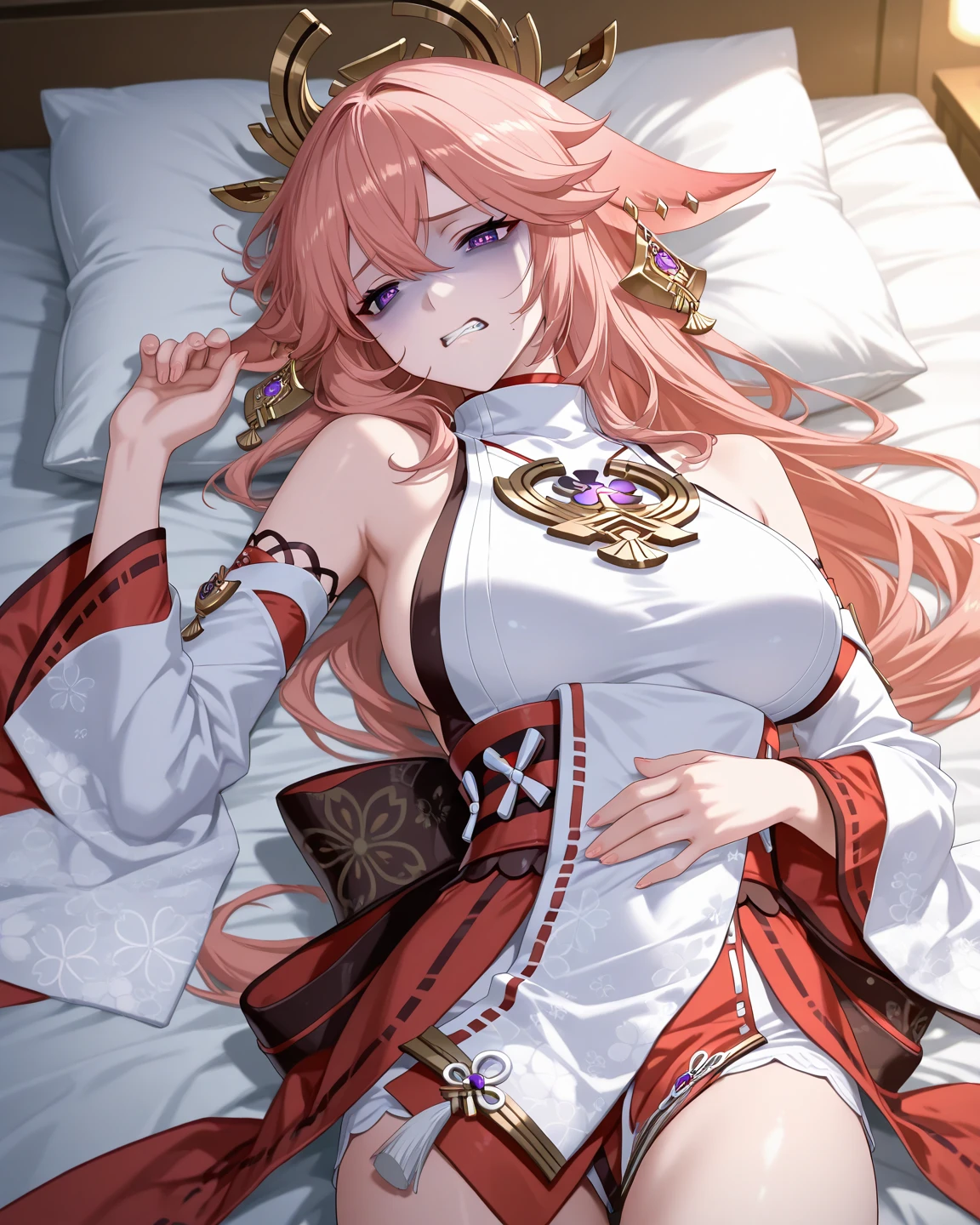 Anime lying in bed, Fascinating anime, Highly detailed art gems, Beautiful and attractive anime woman, Anime Goddess, tits, Trending on cgstation, Detailed anime artwork, 8K high quality, detailed art, Ayaka Genshin Impact, Beautiful and attractive anime , Renji Murata and Artgerm, Beautiful and detailed anime art