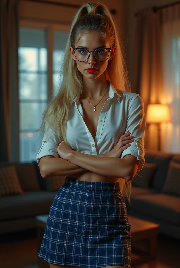 ((best quality)), (detailed), Swedish, femme des pays nordiques, chevelure blonde, visage parfait jeune femme, cheveux blonds, in sexy outfit, wearing a plaid mini skirt, and a checked blouse, avec des lunettes, un regarde sexy, dans une chambre