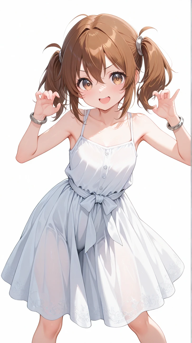 10 years old,Girl,,Flat Chest,naked,Full nudity,Highest quality、High resolution、Detailed Background、Beautiful face in every detail、Teenage Beauty、Cute hair colour、Brown Hair、Black Hair、Bobcut、Twin tails、Big smile、boost mood、 Summer sun、Shining Sea,Angle from below、Leg spread、Embarrassing、